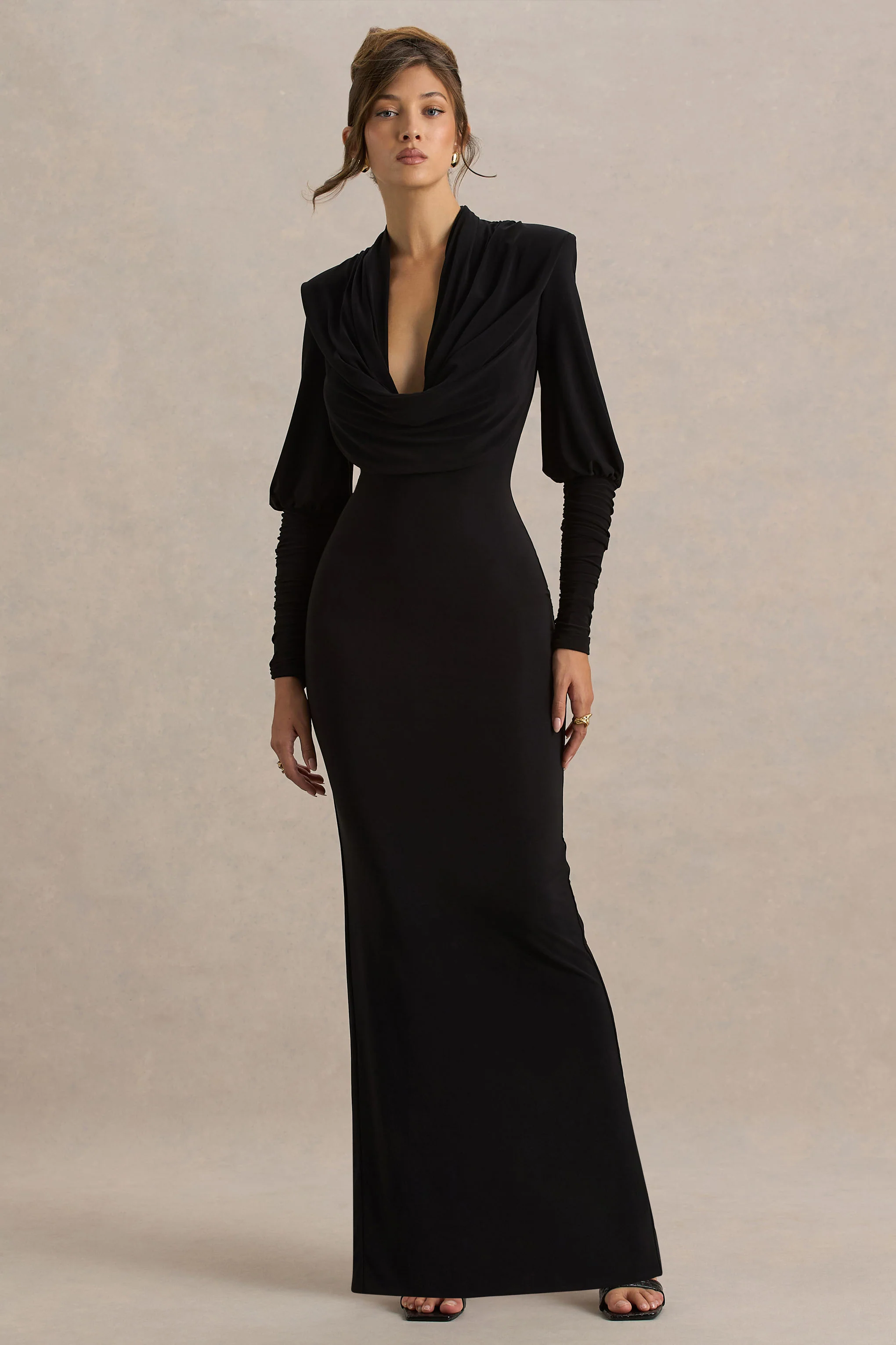 Kaylee | Black Cowl-Neck Maxi Dress With Draping Details - Image 5