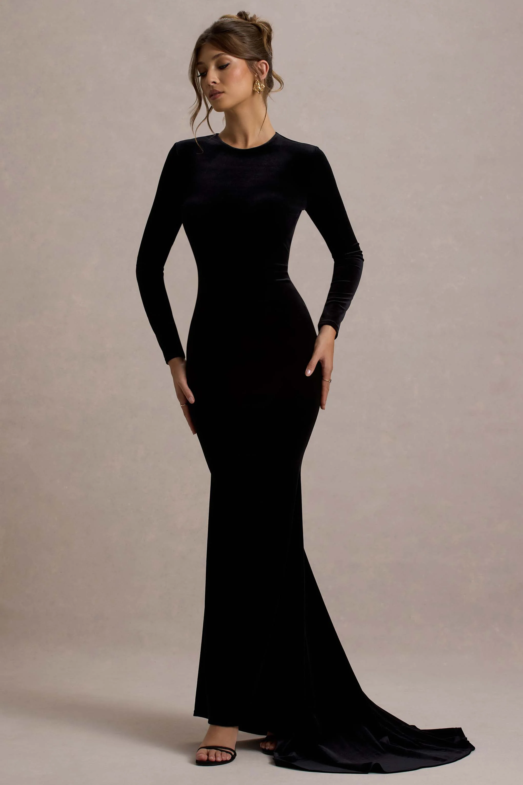 Keaton | Black Velvet Long-Sleeve Open-Back Maxi Dress - Image 4