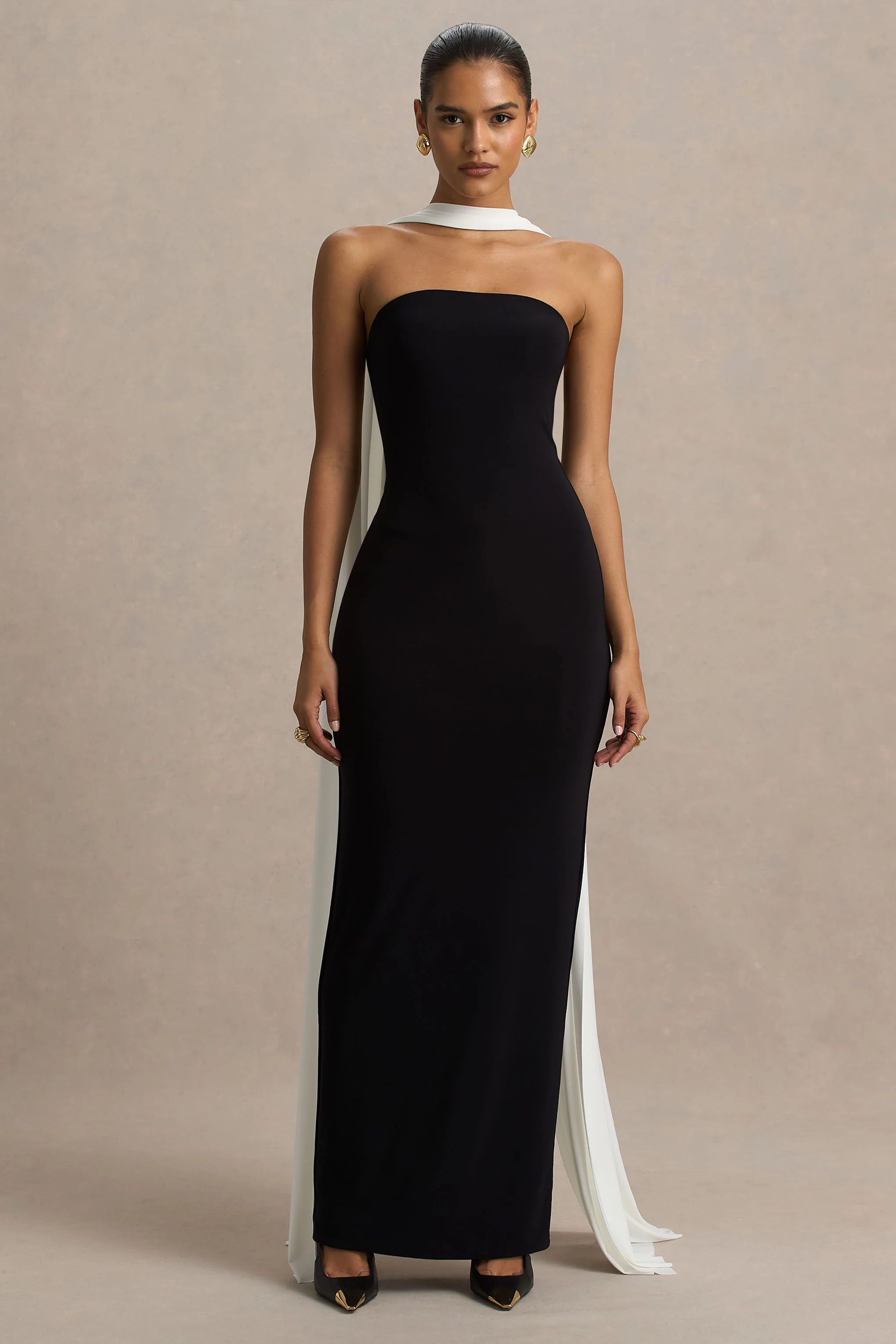 Kelilah | Black And White Bandeau Maxi Dress With Scarf Detail