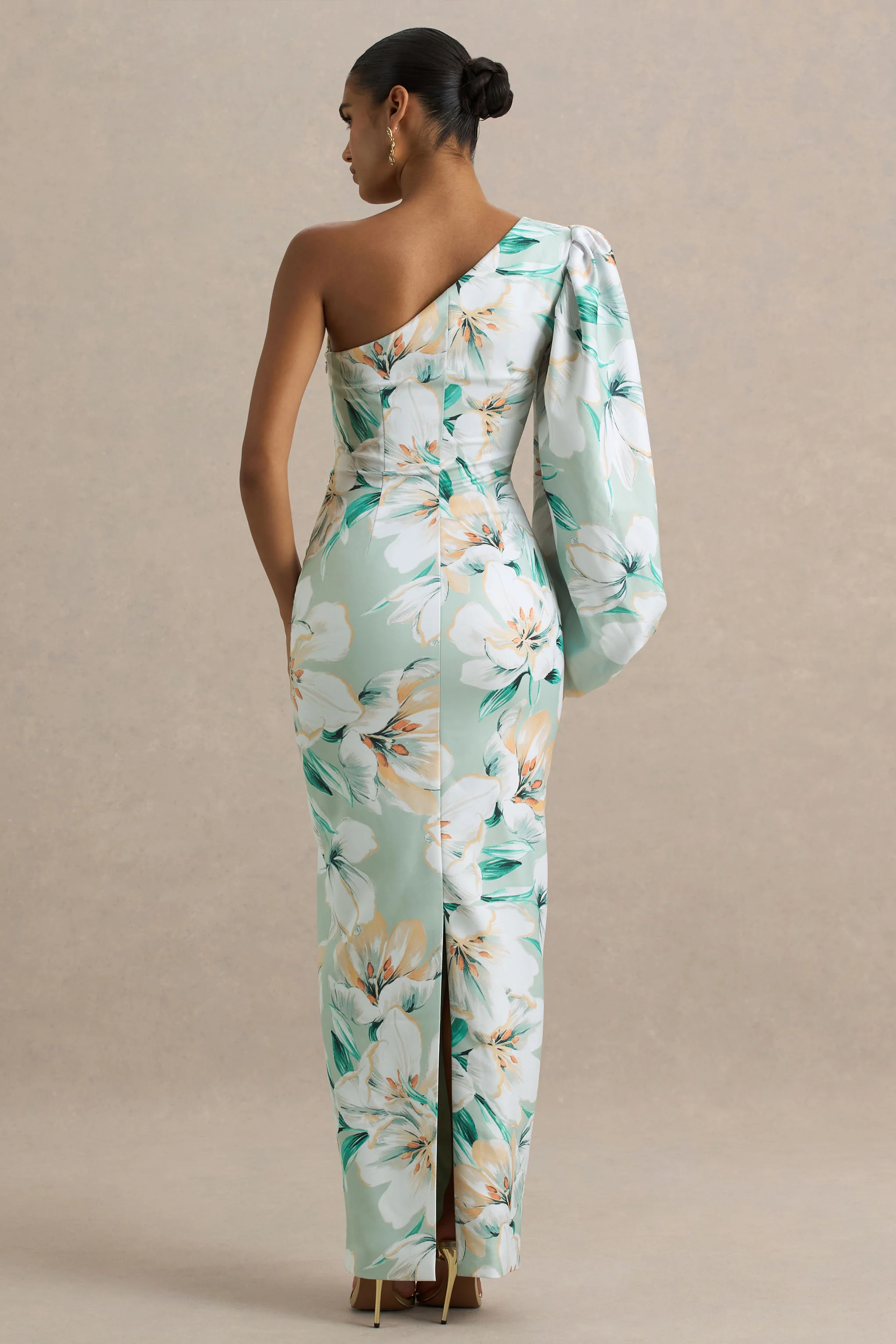 Kellis | Green Floral Print Asymmetric Maxi Dress With Balloon Sleeve - Image 2