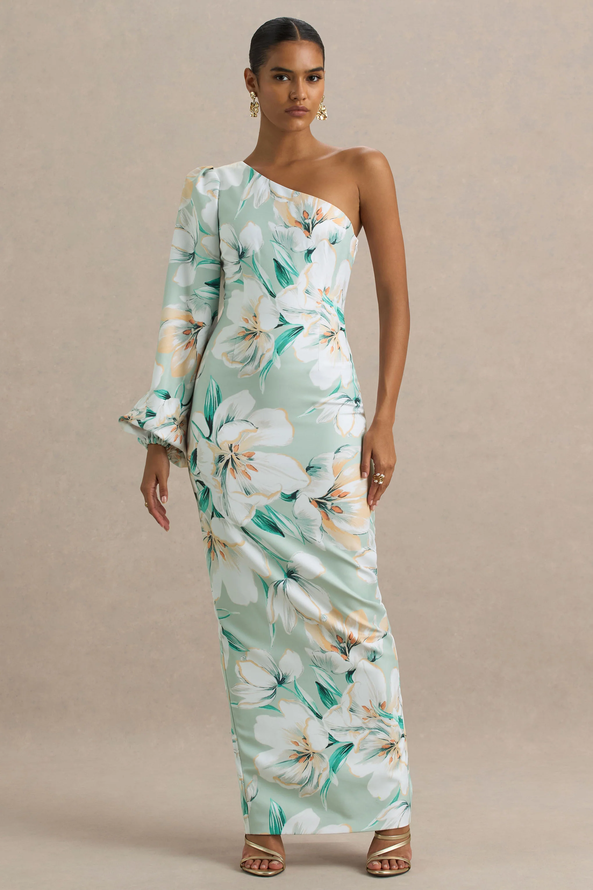 Kellis | Green Floral Print Asymmetric Maxi Dress With Balloon Sleeve - Image 5