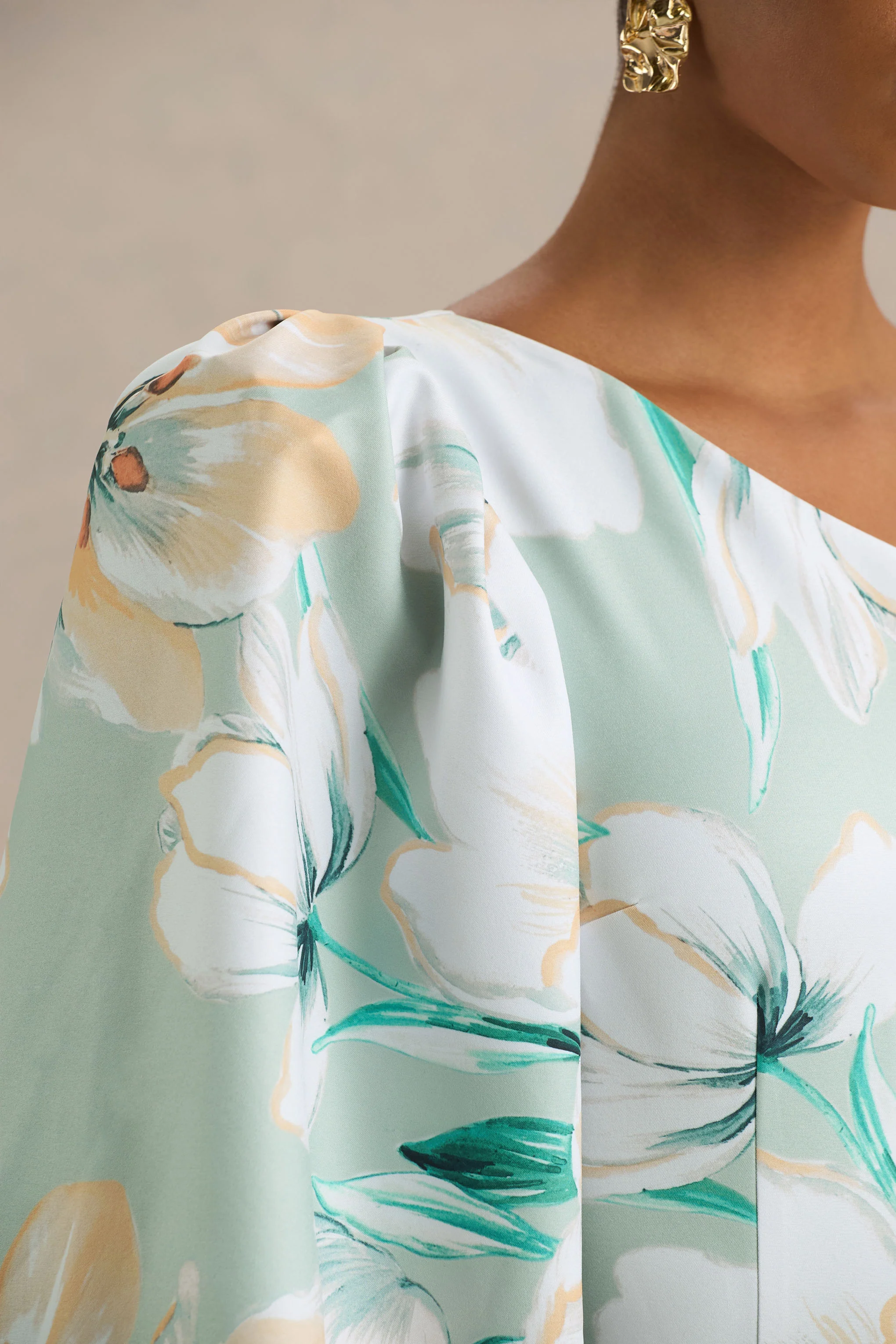 Kellis | Green Floral Print Asymmetric Maxi Dress With Balloon Sleeve - Image 7