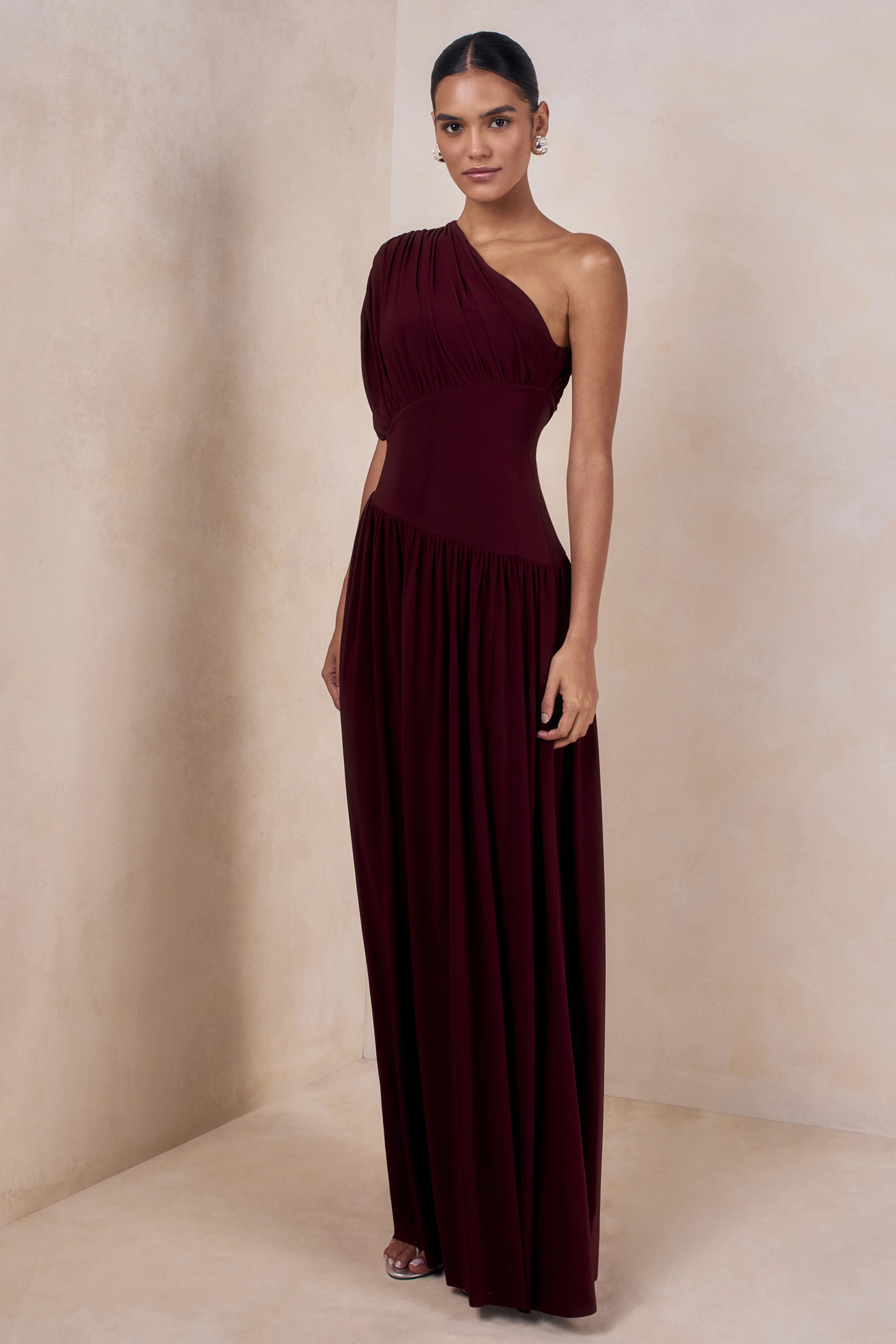 Kelsey | Burgundy Asymmetric-Neck Maxi Dress With Ruched Detailing - Image 4