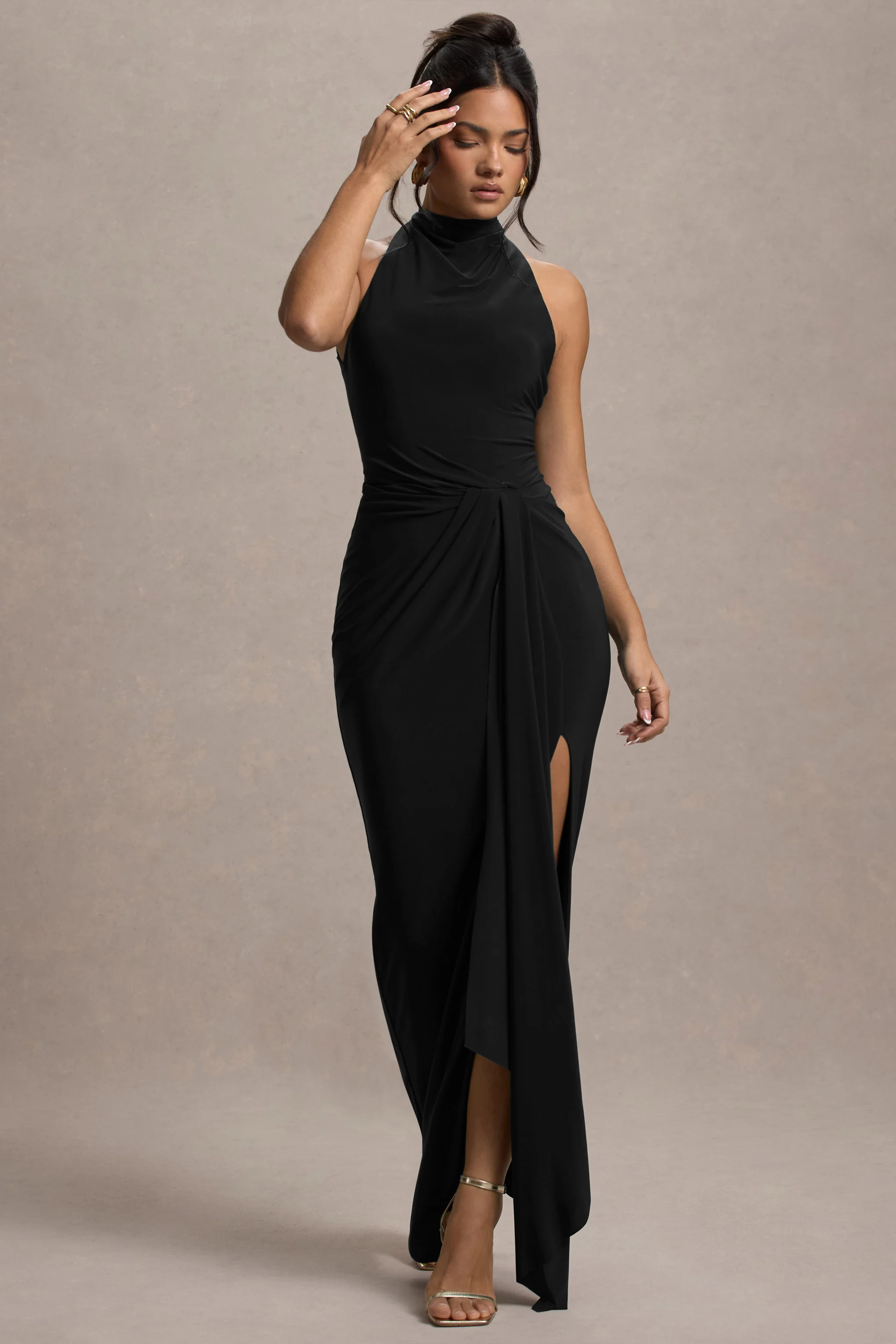 Khari | Black High-Neck Twisted Maxi Dress With Drape - Image 4
