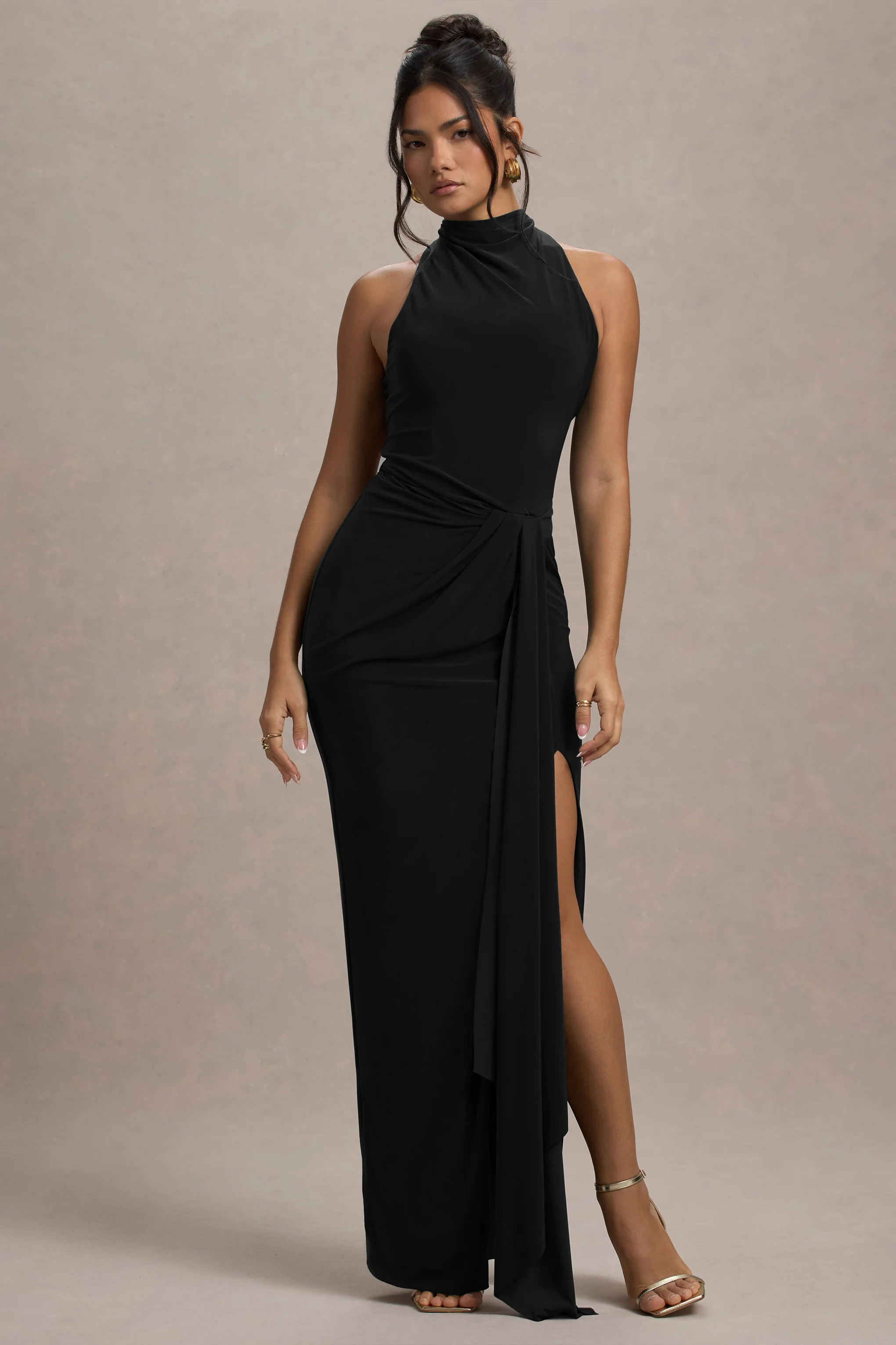 Khari | Black High-Neck Twisted Maxi Dress With Drape - Image 6