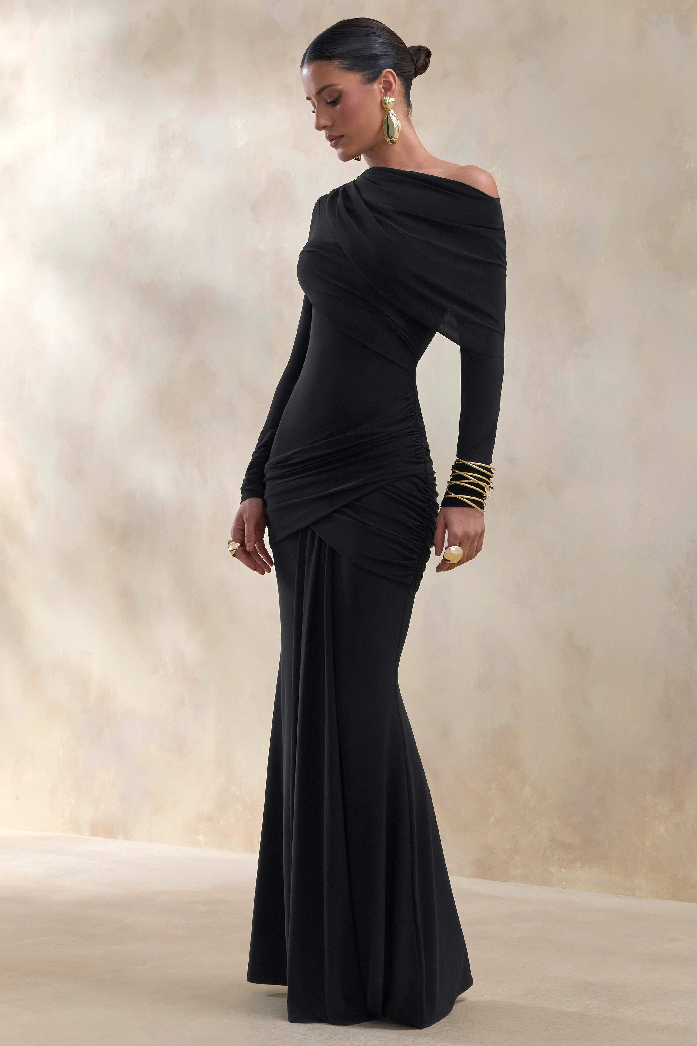 Kessara | Black Asymmetric-Neck Maxi Dress With Sash And Gathered-Detailing - Image 4