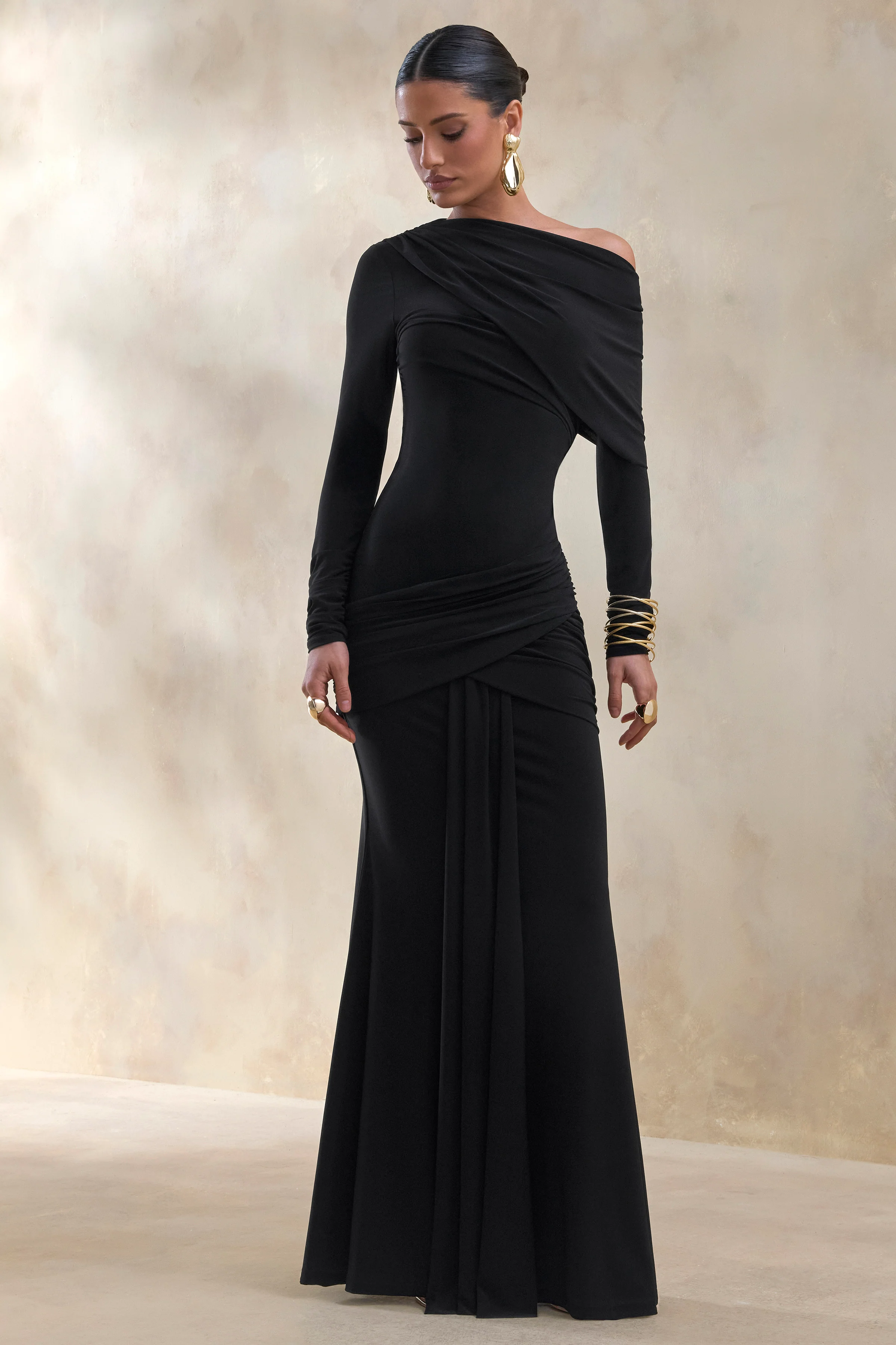 Kessara | Black Asymmetric-Neck Maxi Dress With Sash And Gathered-Detailing - Image 5