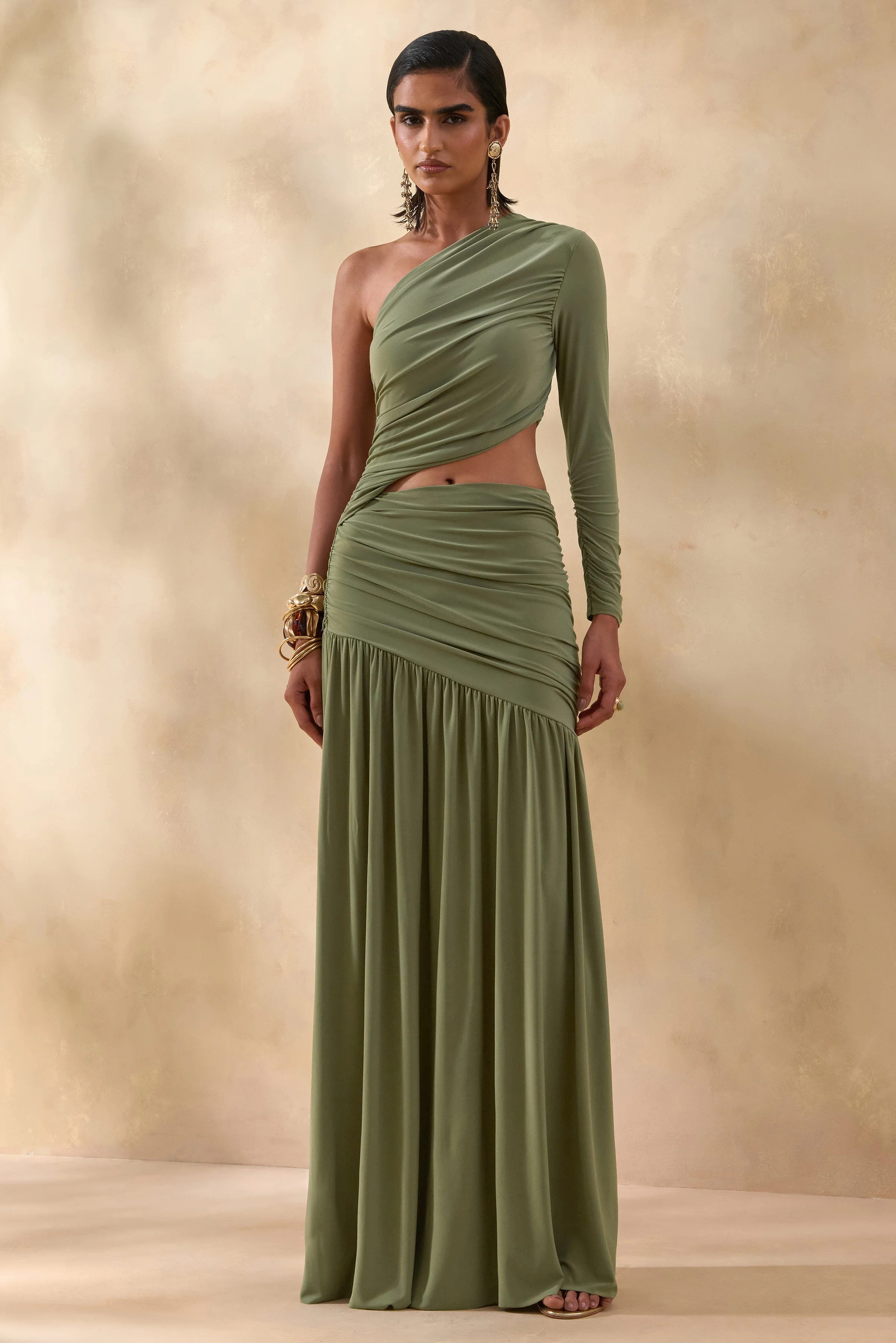 Kinsley | Olive Asymmetric-Neck Maxi Dress With Body Cut-Out Detail - Image 7