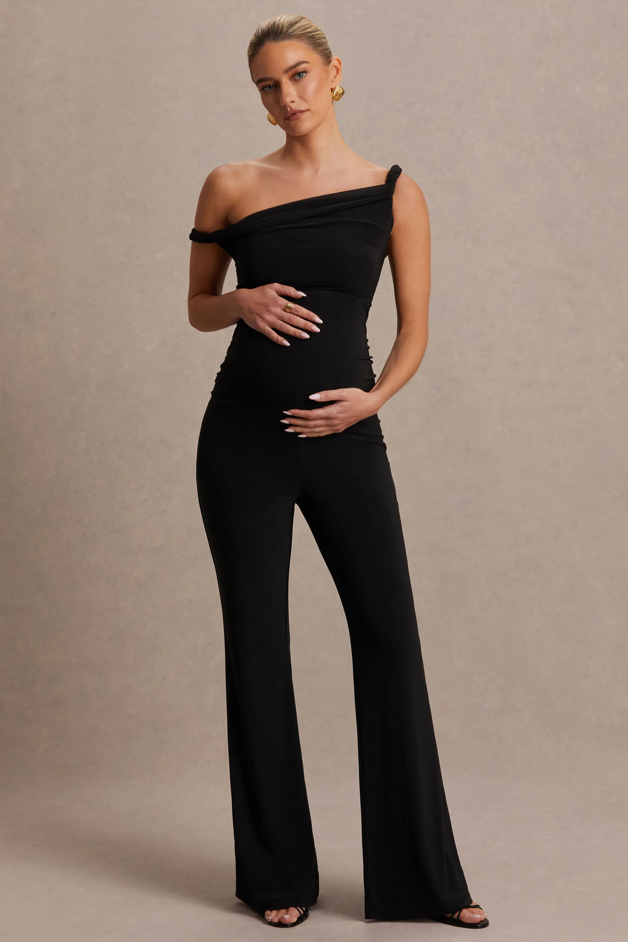 Kira | Black Asymmetric-Neck Maternity Jumpsuit - Image 4