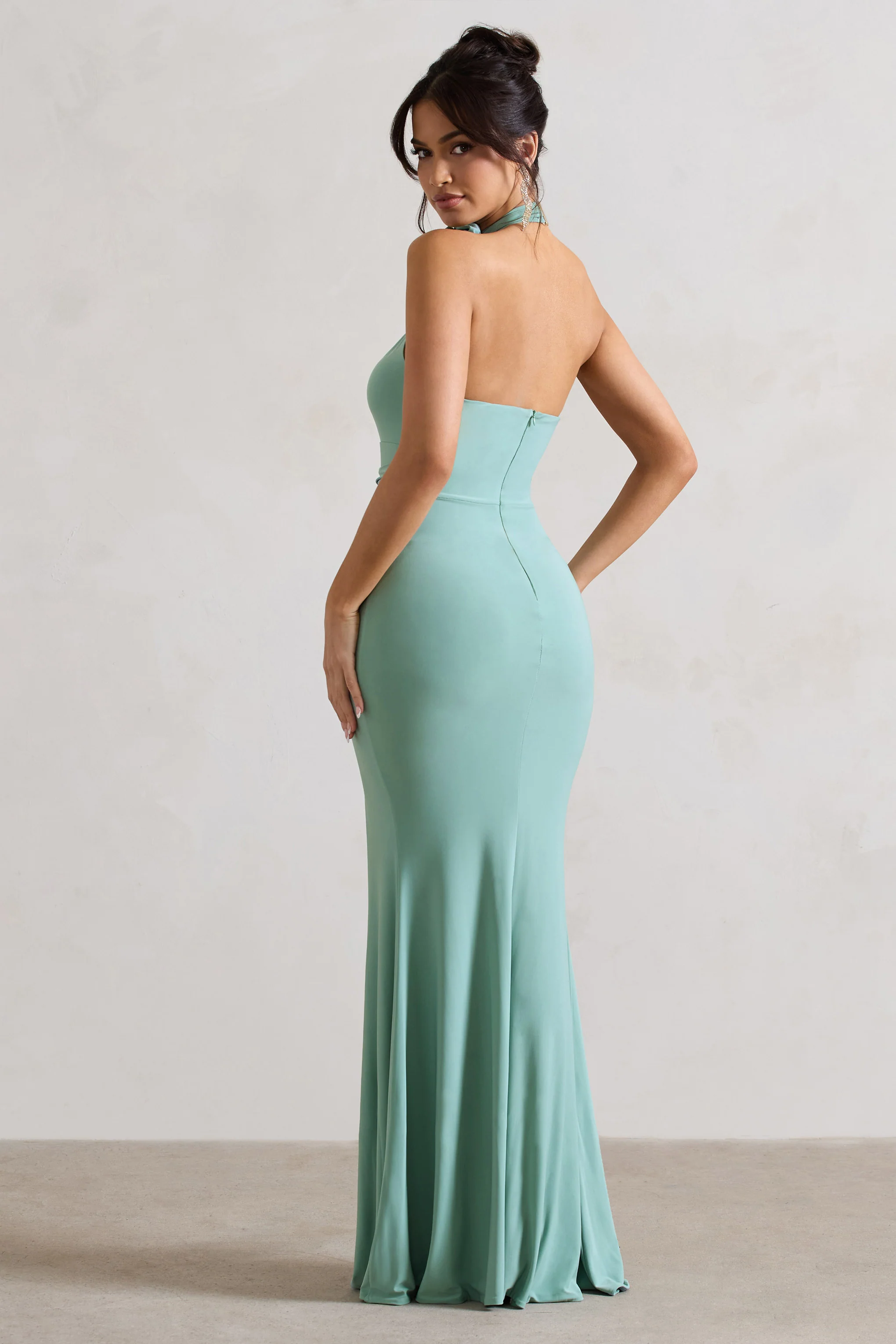 Kira | Sage Halter-Neck Cut-Out Split Maxi Dress With Flowers - Image 2