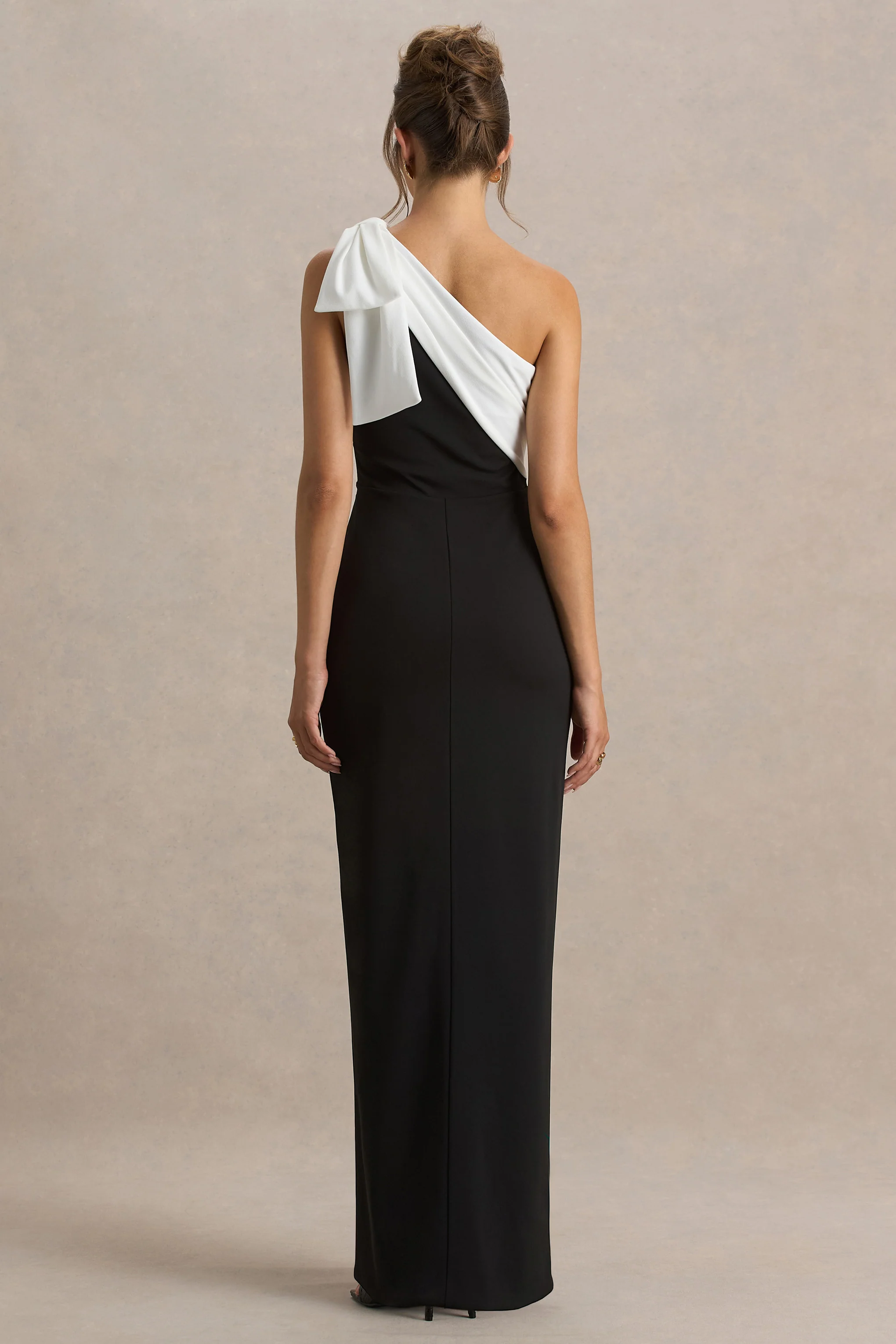 Kiri | Black & White One-Shoulder Bow Maxi Dress - Image 2