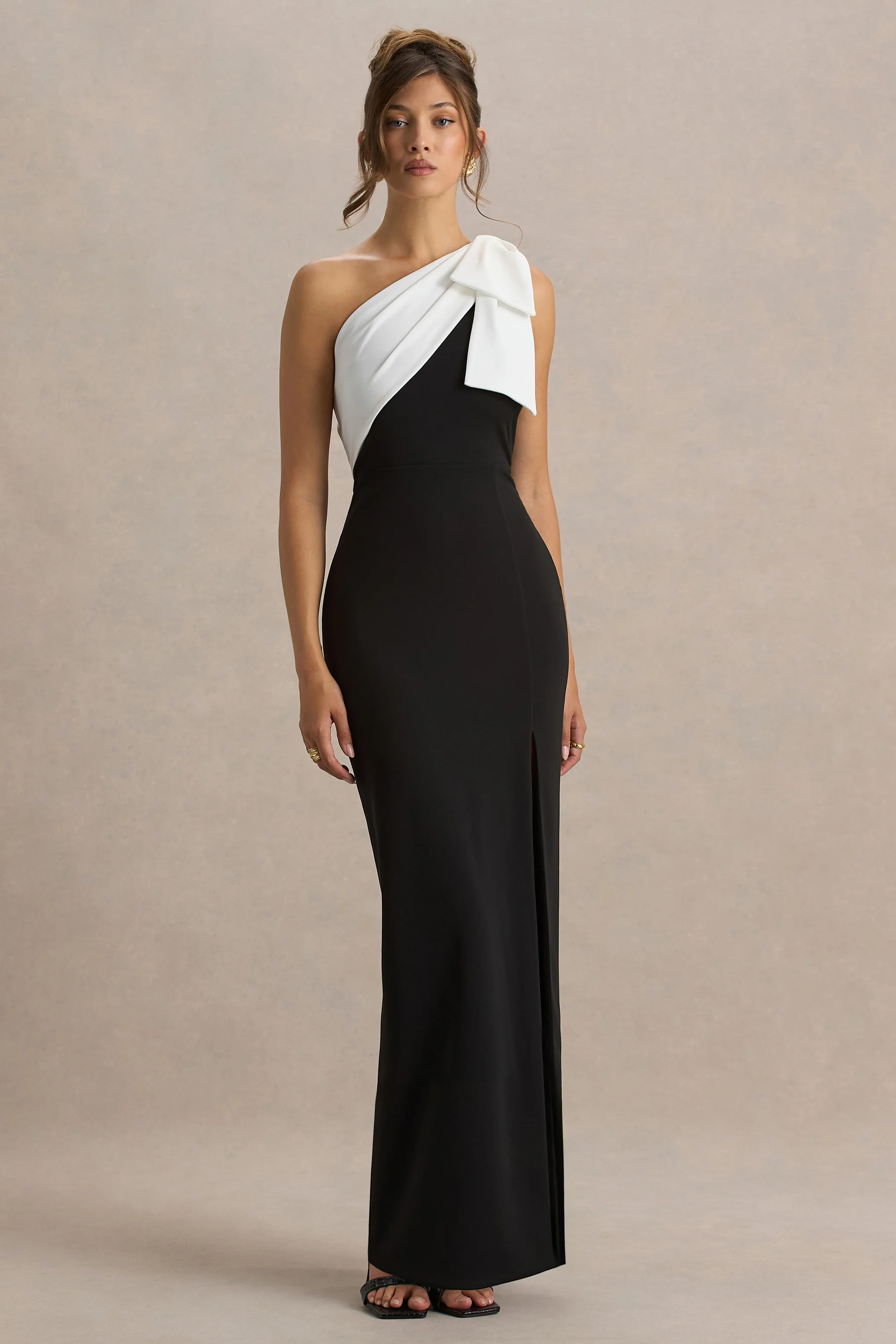Kiri | Black & White One-Shoulder Bow Maxi Dress - Image 3