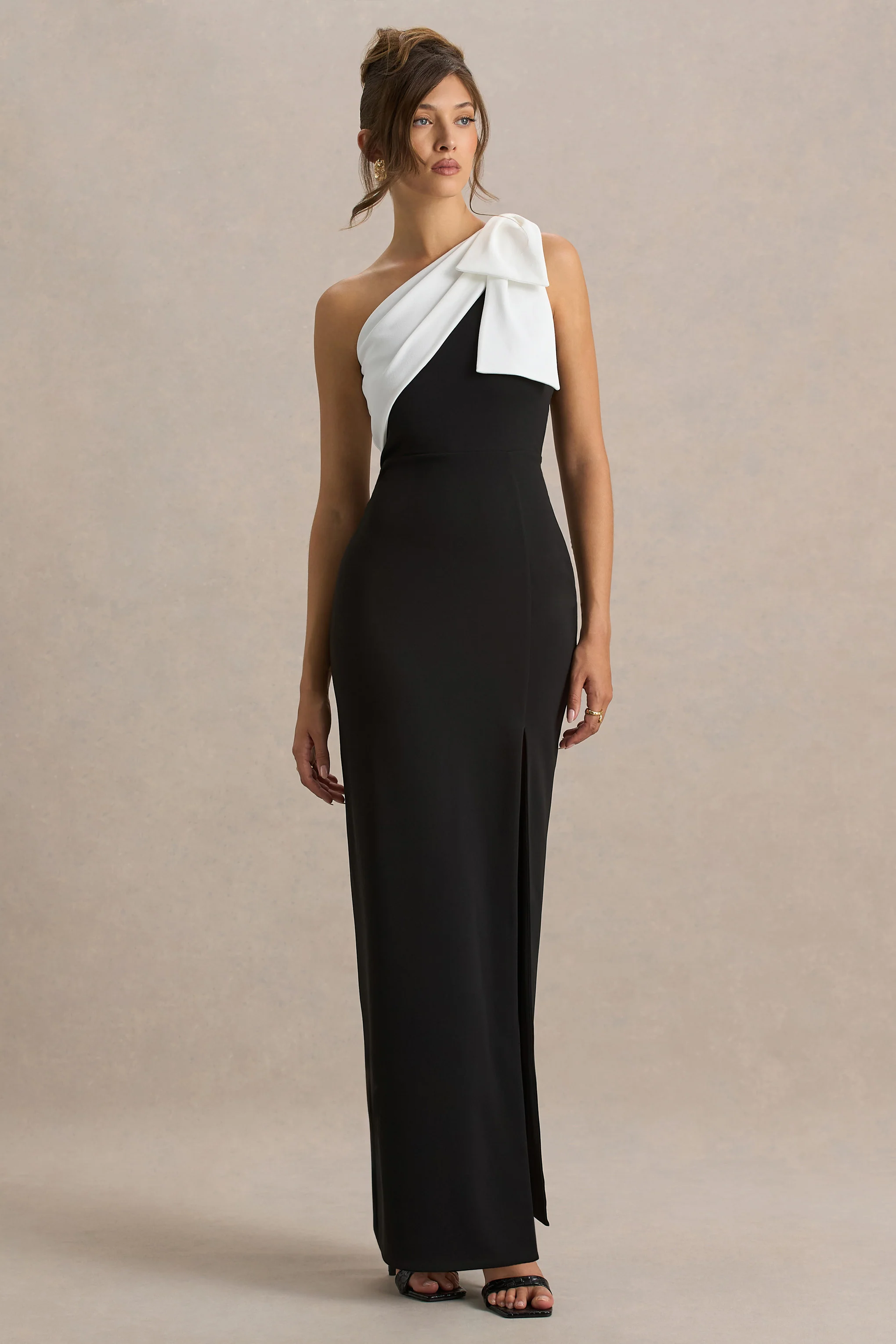 Kiri | Black & White One-Shoulder Bow Maxi Dress - Image 4