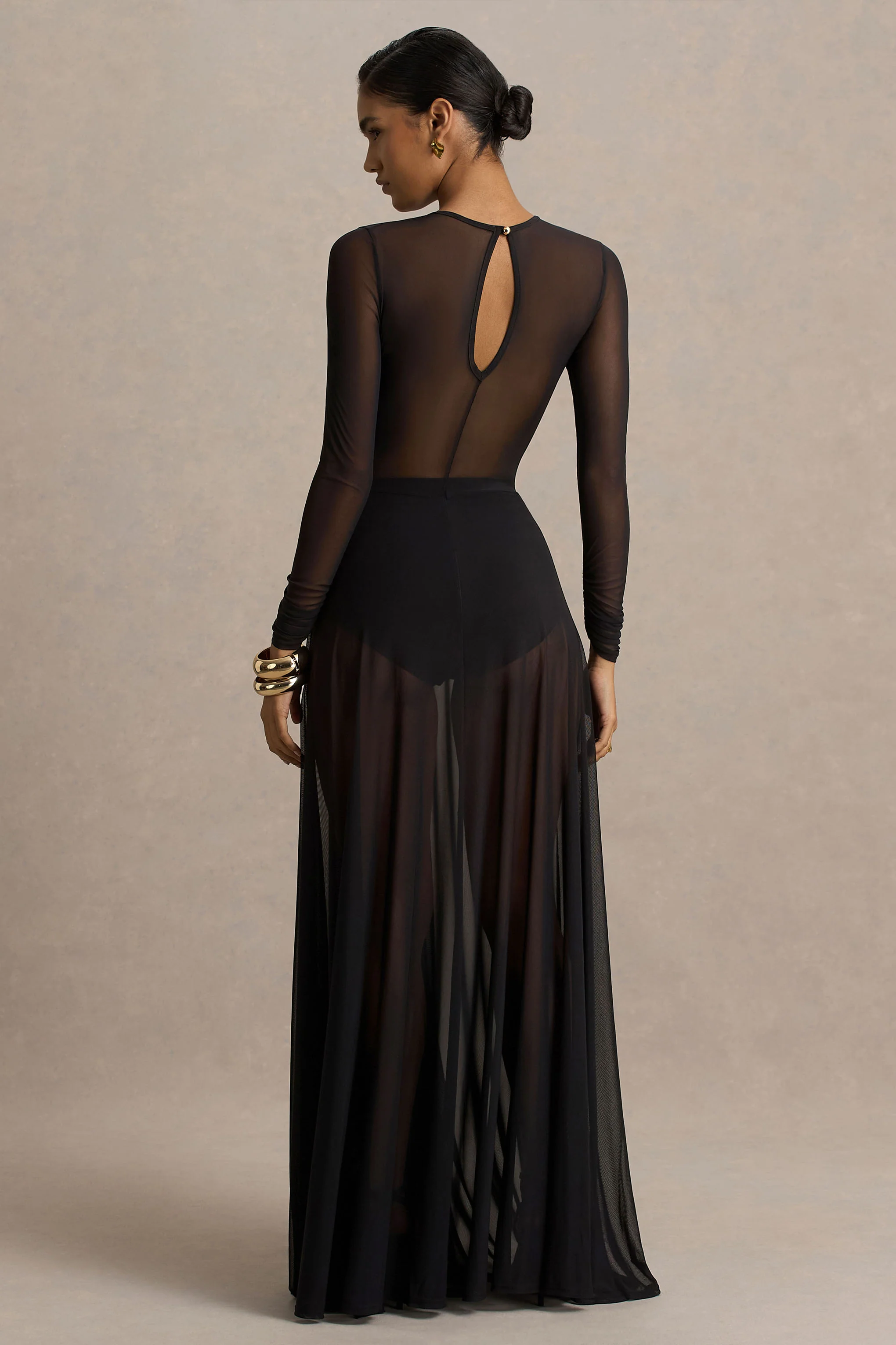 Koami | Black Mesh Long-Sleeve Ruched Maxi Dress With High Split - Image 2