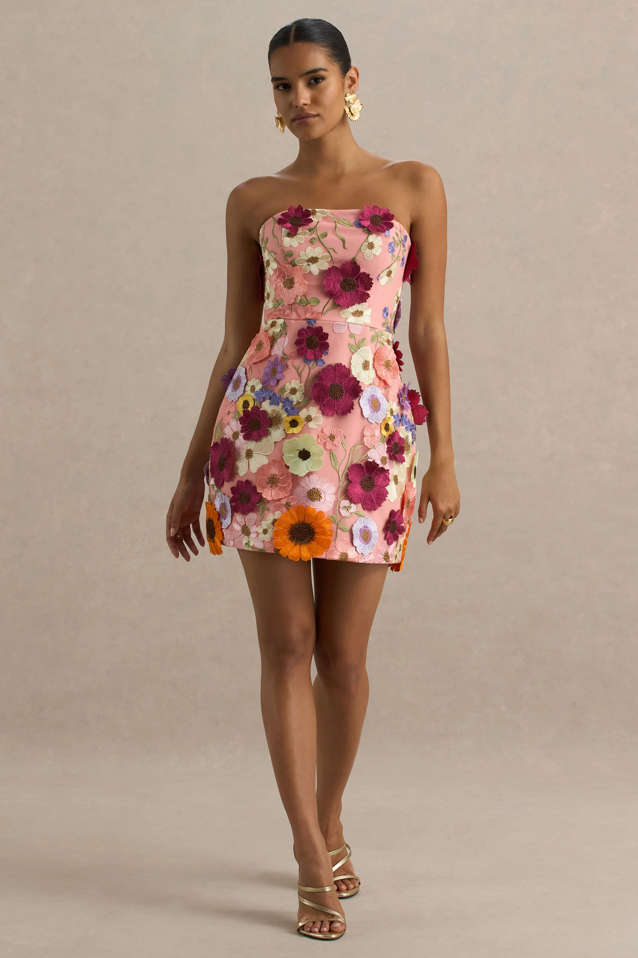 Kristen | Pink Floral Bandeau-Neck Mini Dress - Image 2
