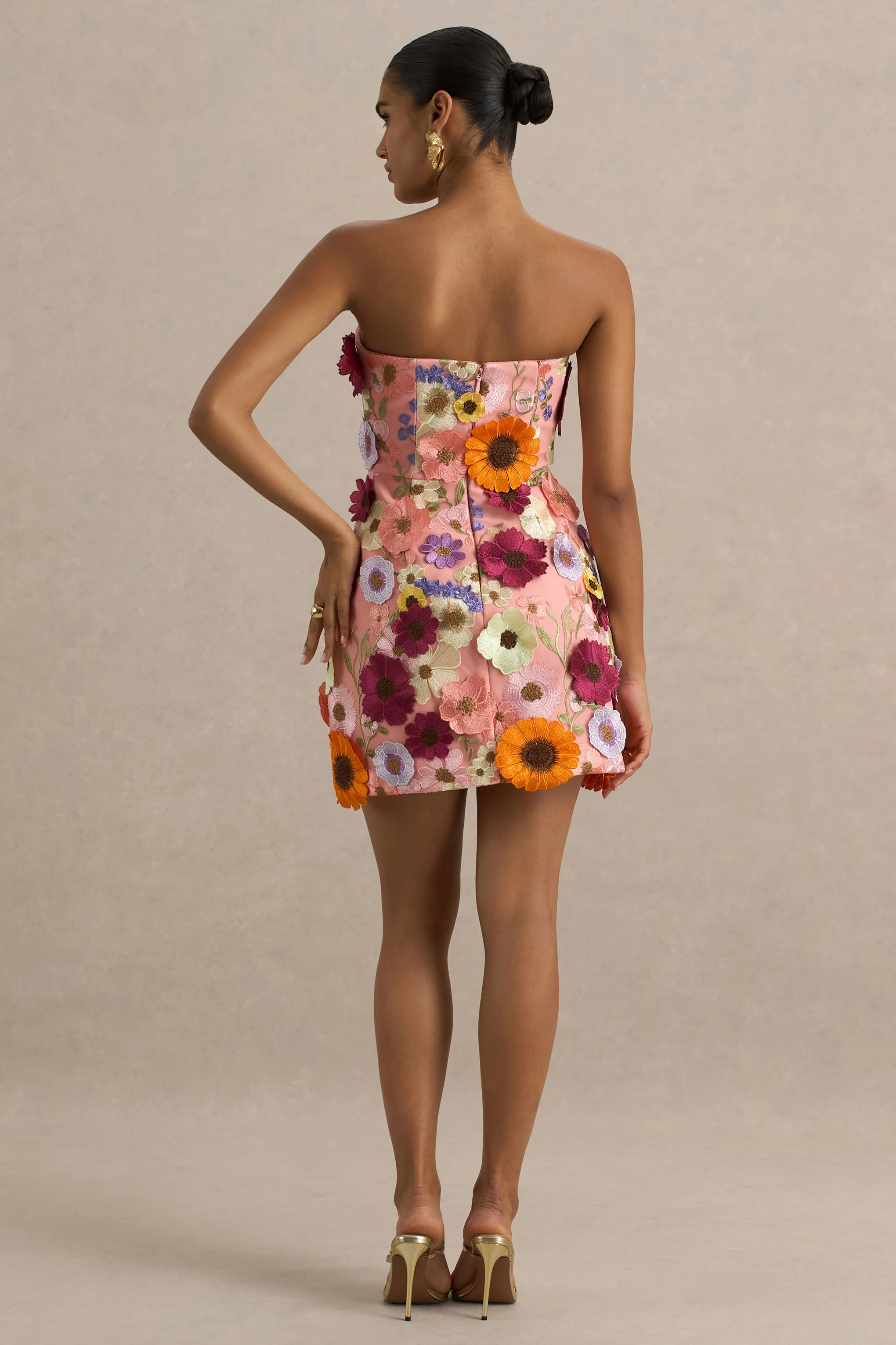Kristen | Pink Floral Bandeau-Neck Mini Dress - Image 3