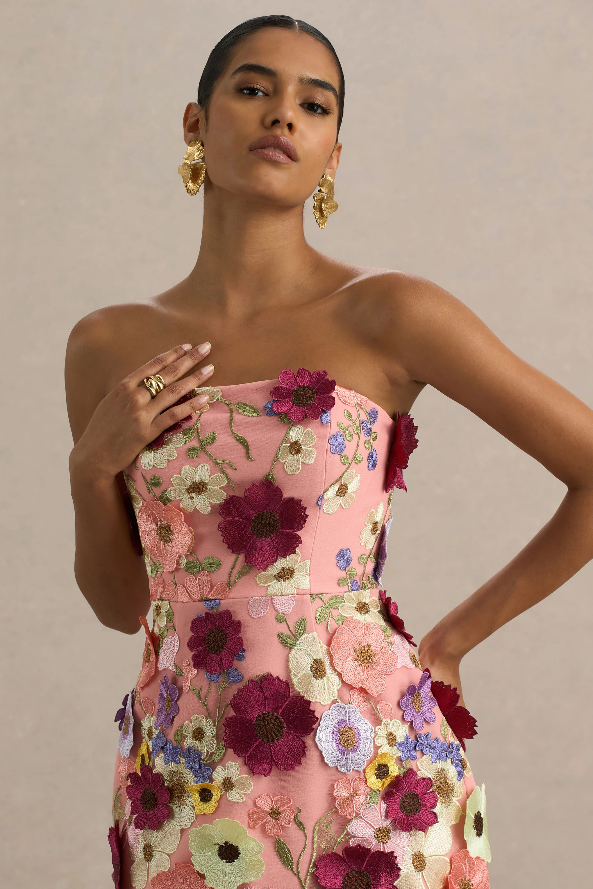 Kristen | Pink Floral Bandeau-Neck Mini Dress - Image 4