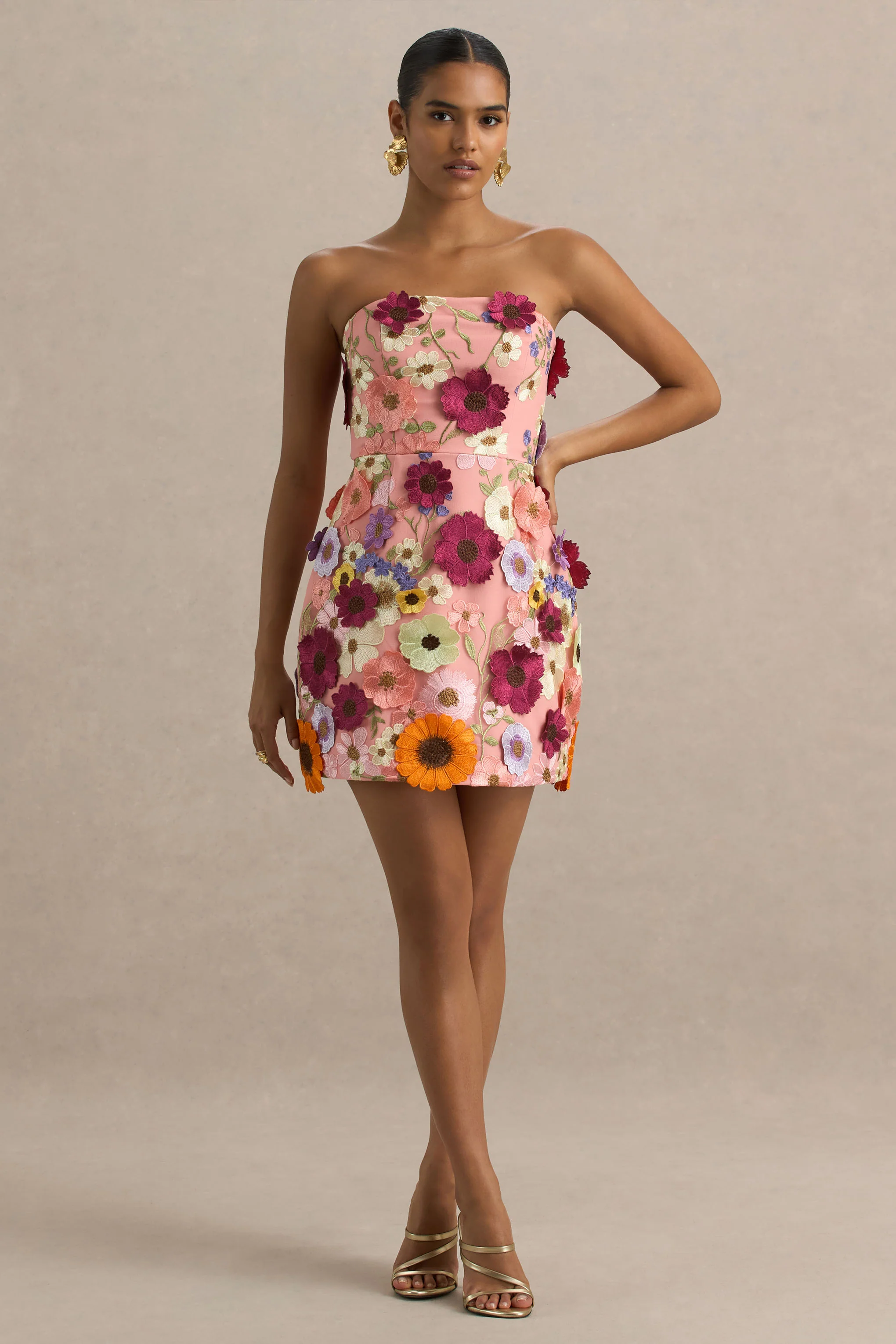 Kristen | Pink Floral Bandeau-Neck Mini Dress - Image 5