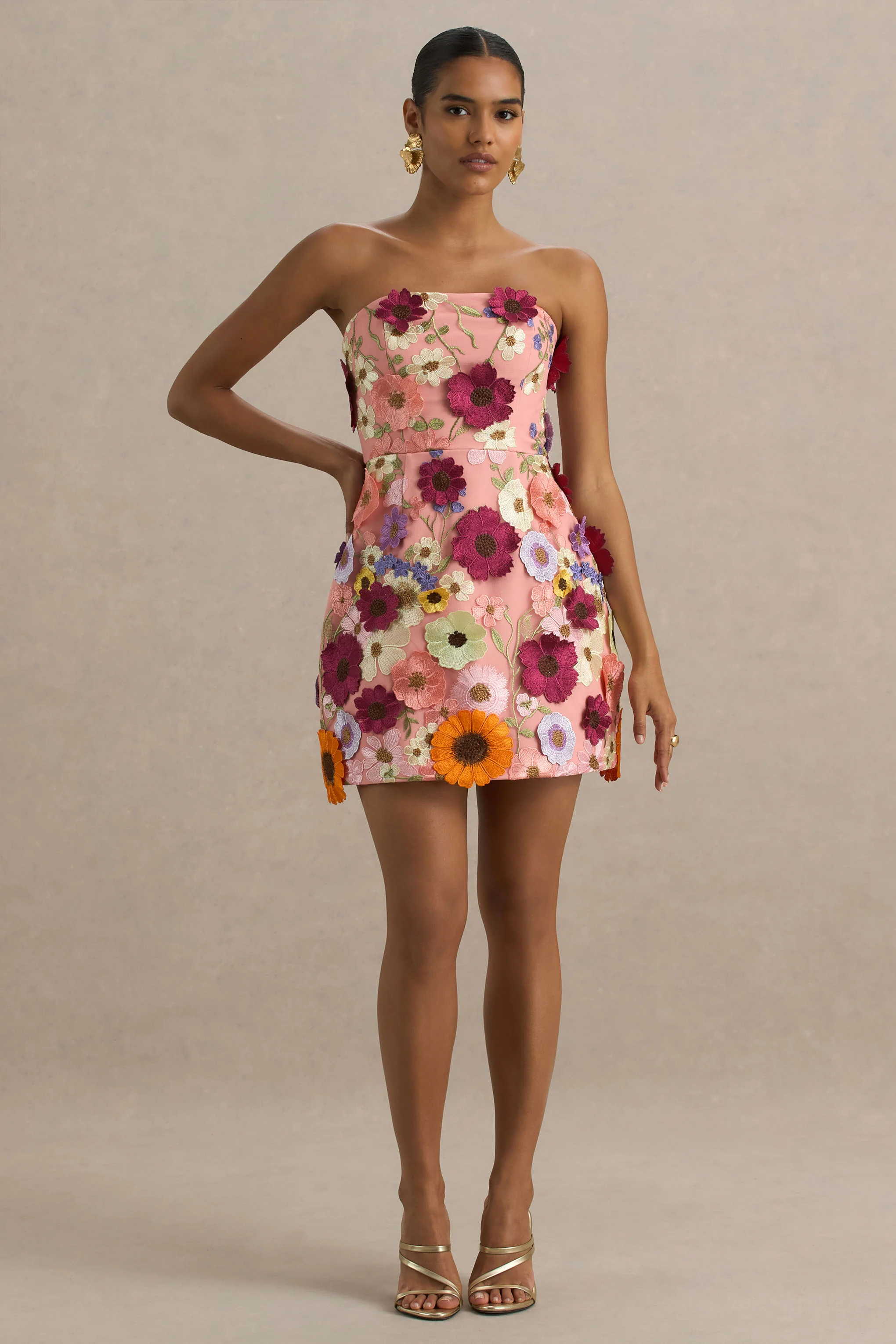 Kristen | Pink Floral Bandeau-Neck Mini Dress - Image 7