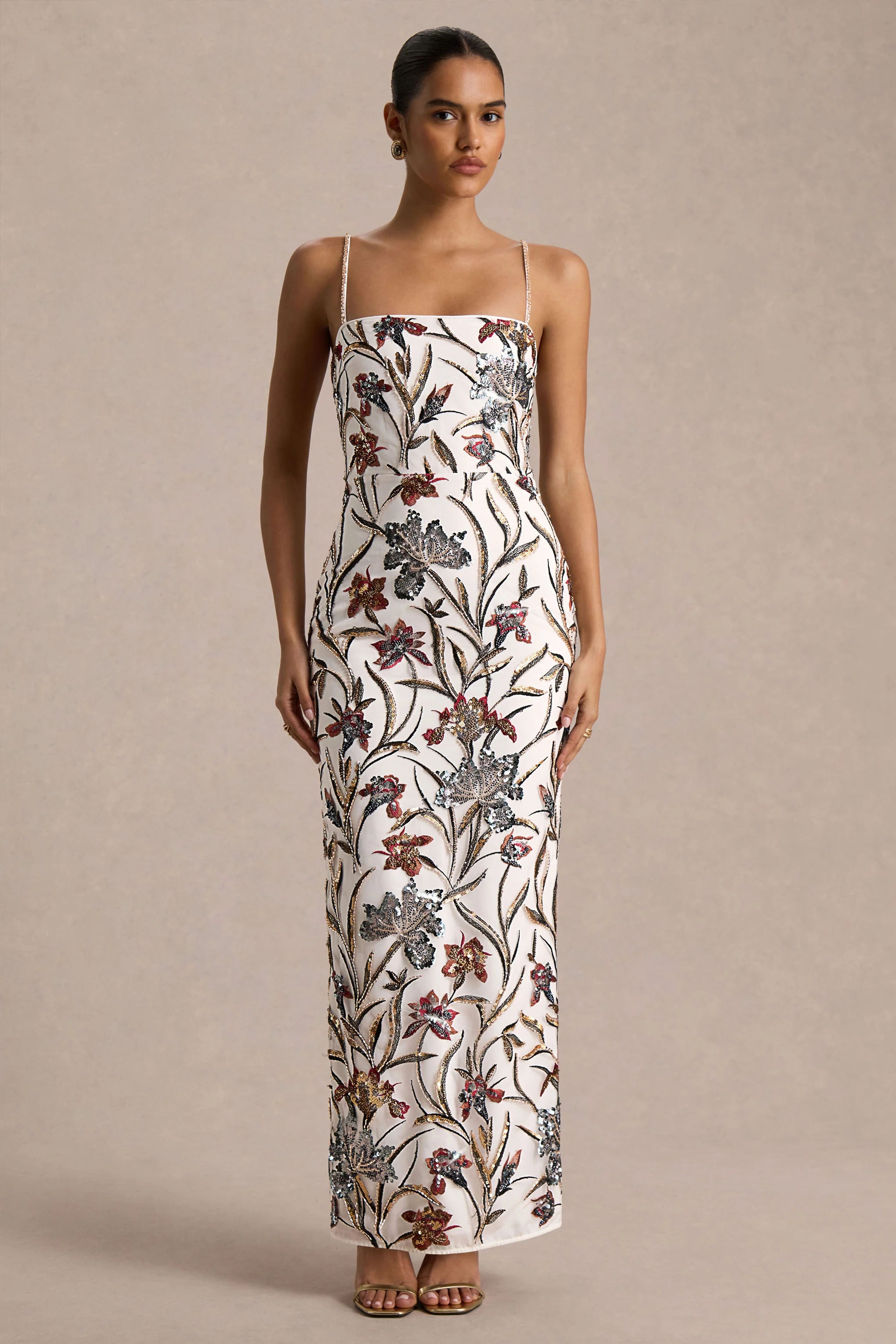 Kyle | Cream Sequin Floral Embellished Square-Neck Maxi Dress - Image 3