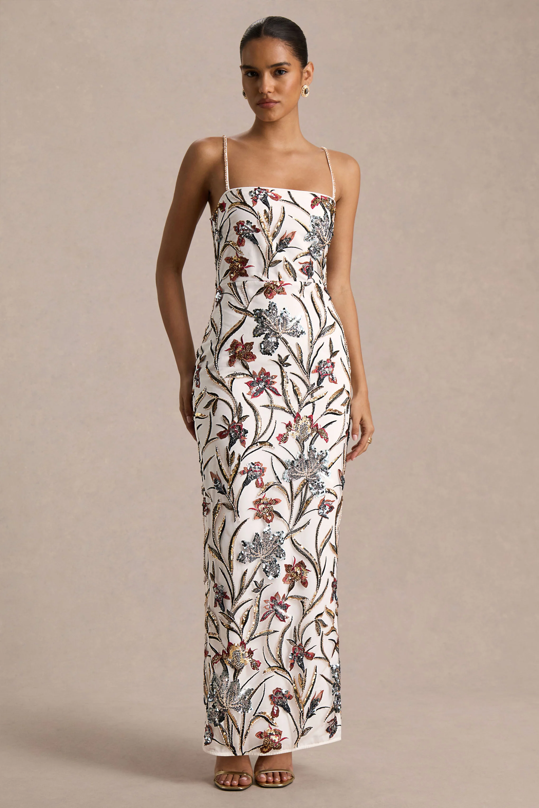 Kyle | Cream Sequin Floral Embellished Square-Neck Maxi Dress - Image 4