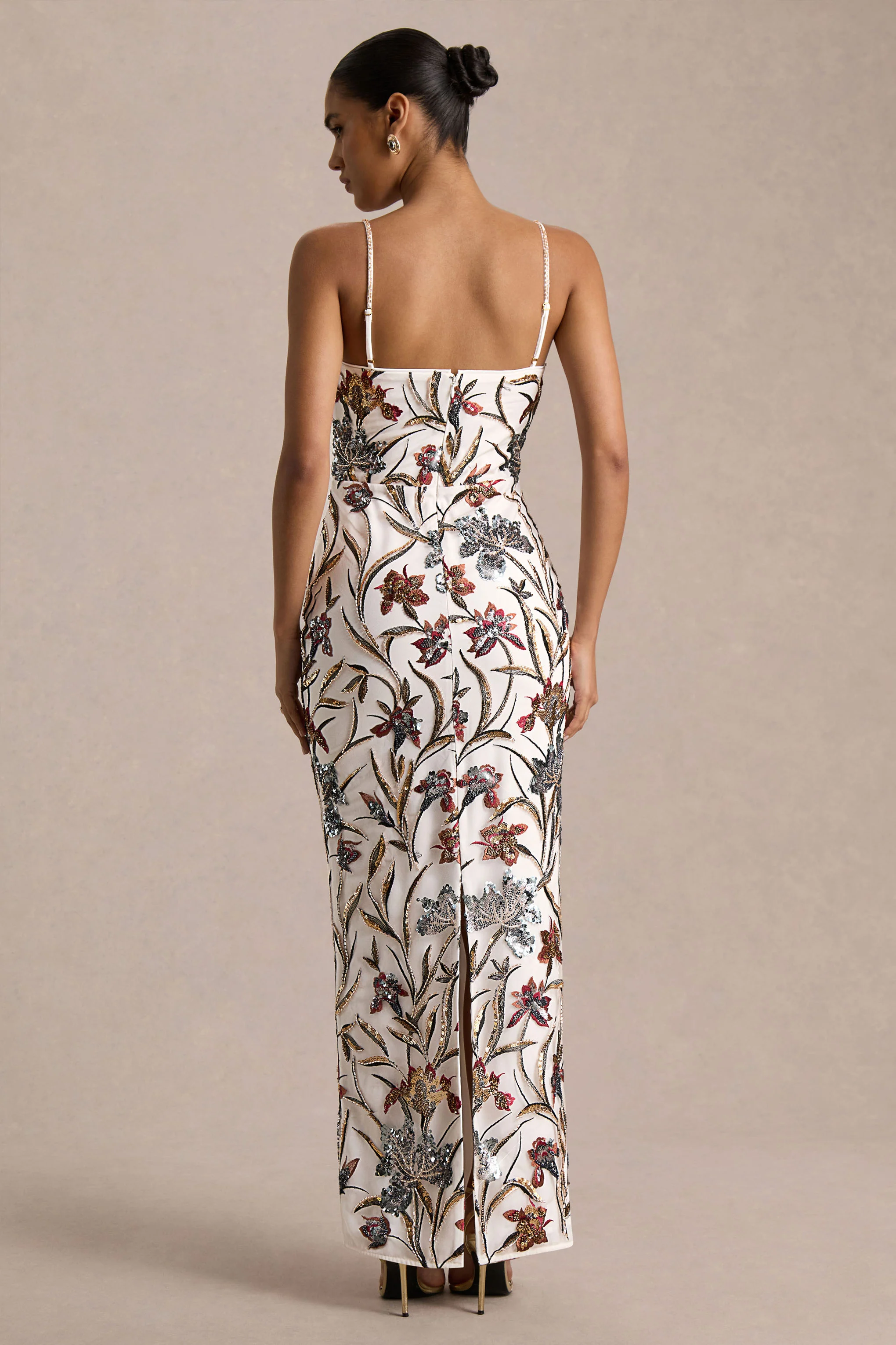 Kyle | Cream Sequin Floral Embellished Square-Neck Maxi Dress - Image 5