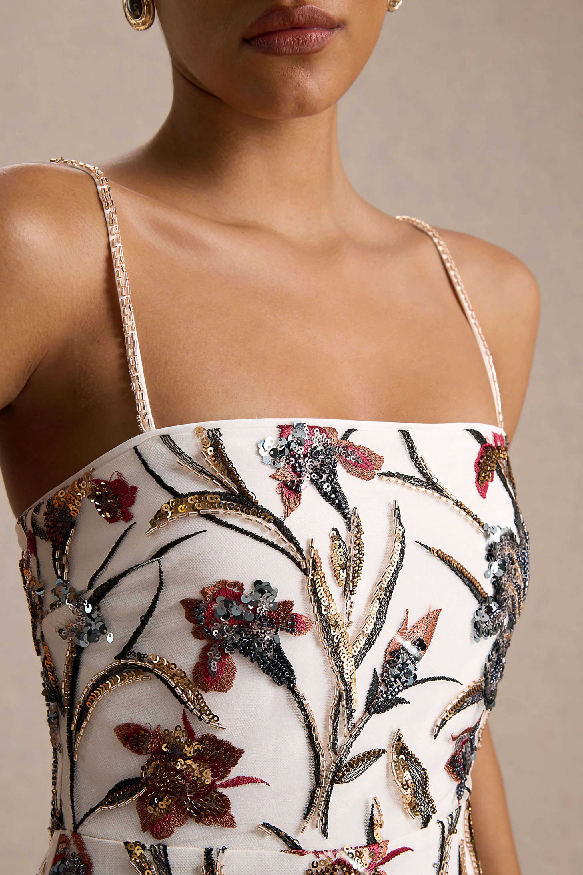 Kyle | Cream Sequin Floral Embellished Square-Neck Maxi Dress - Image 6