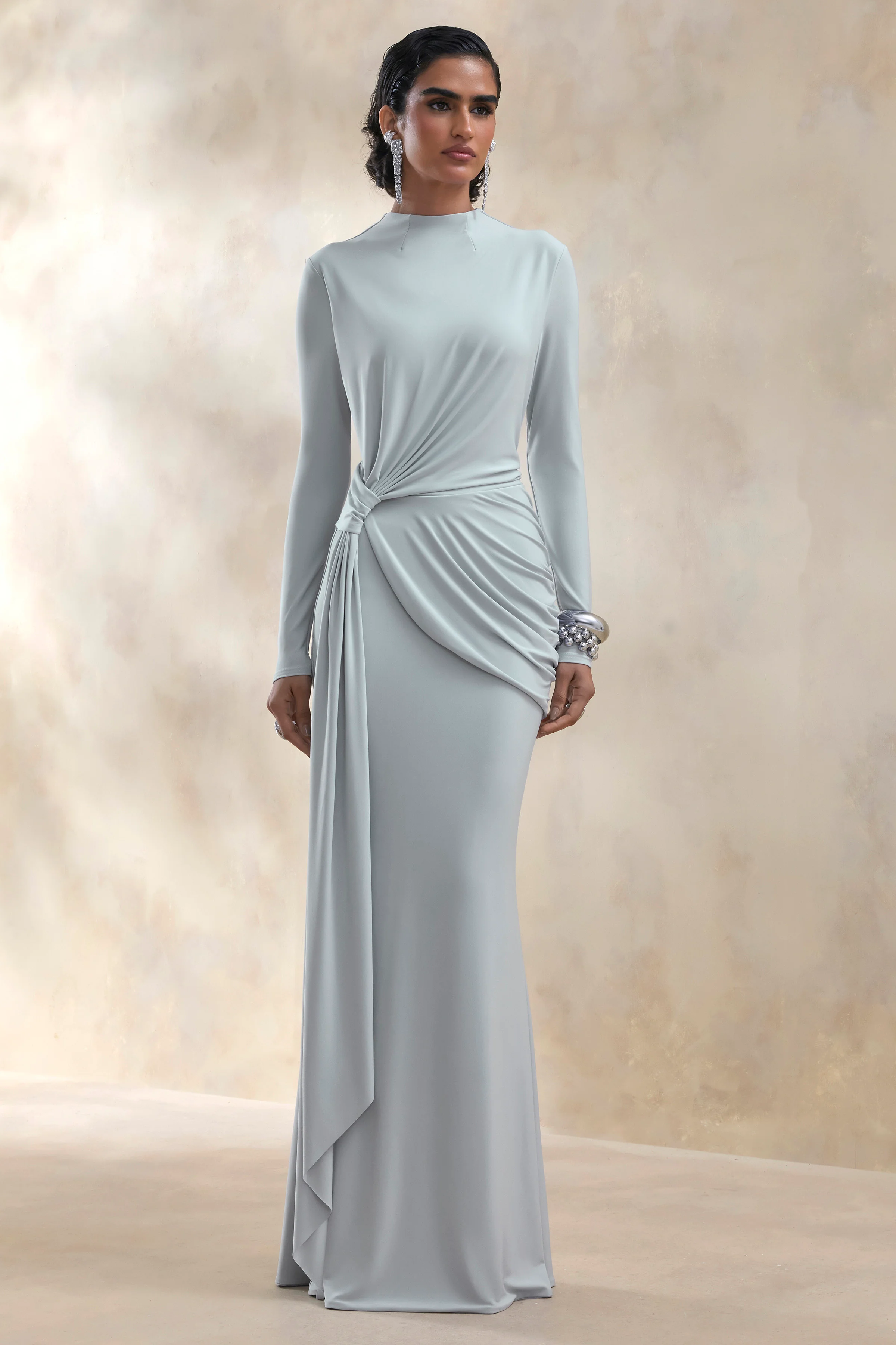 Kyrissa | Blue High-Neck Maxi Dress With Gathered-Detailing - Image 5