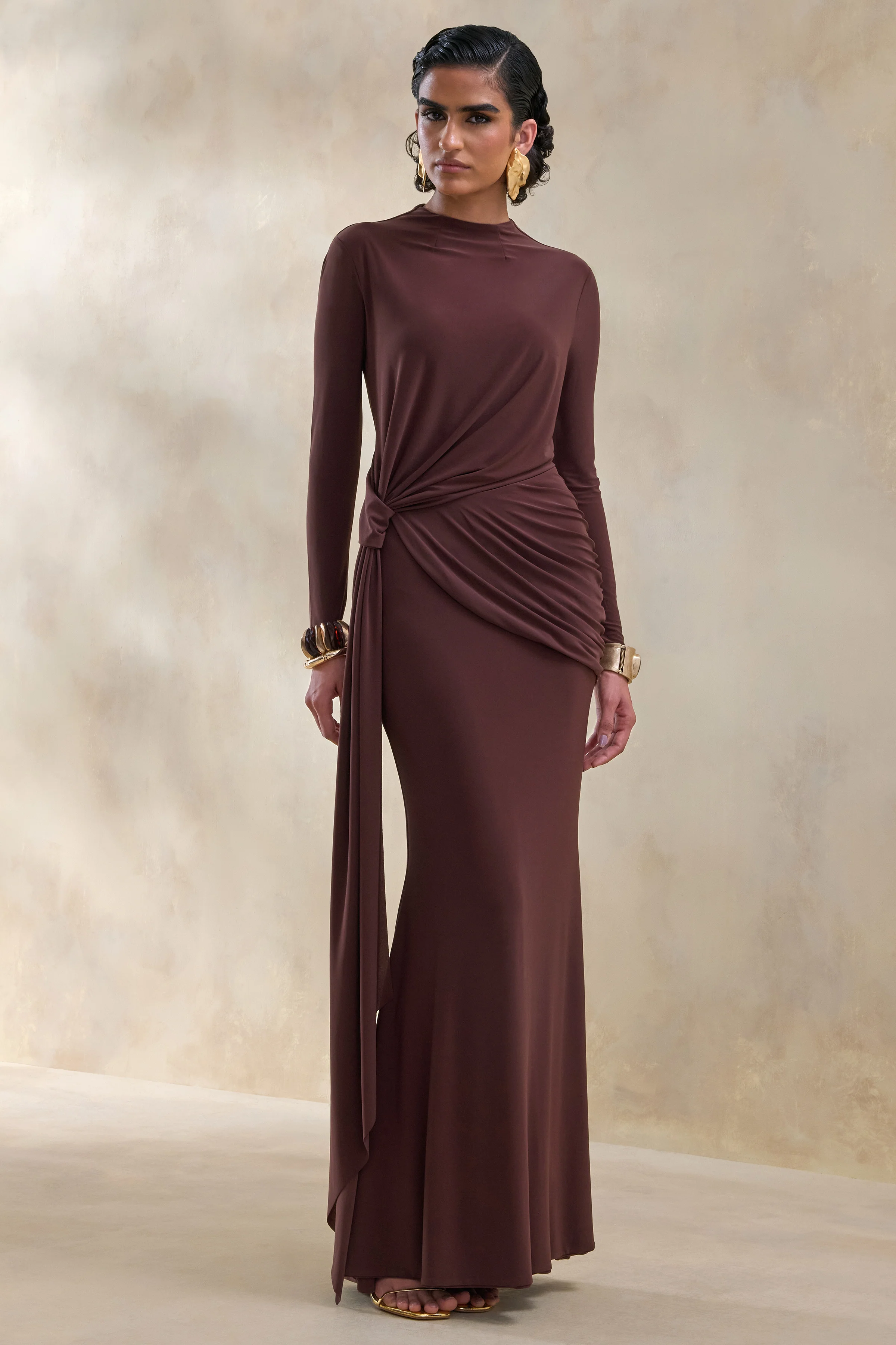Kyrissa | Brown High-Neck Maxi Dress With Gathered-Detailing - Image 5