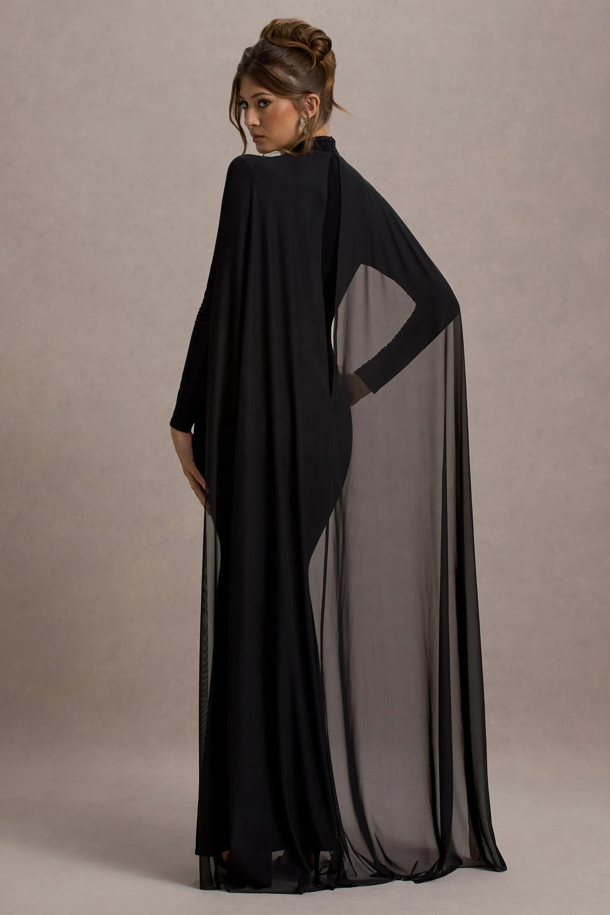 La Nuit | Black High-Neck Long-Sleeve Maxi Dress With Cape - Image 2