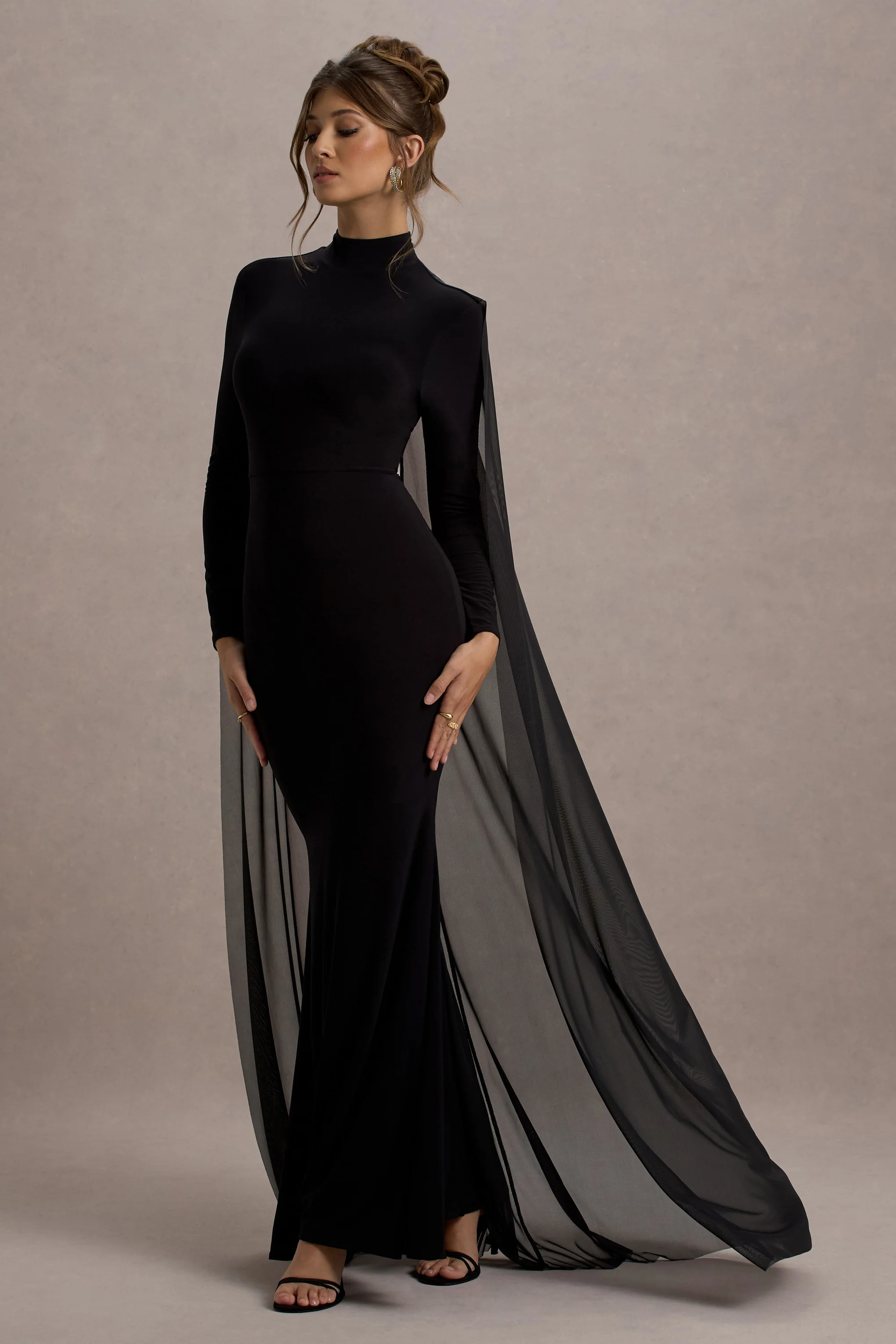 La Nuit | Black High-Neck Long-Sleeve Maxi Dress With Cape - Image 4