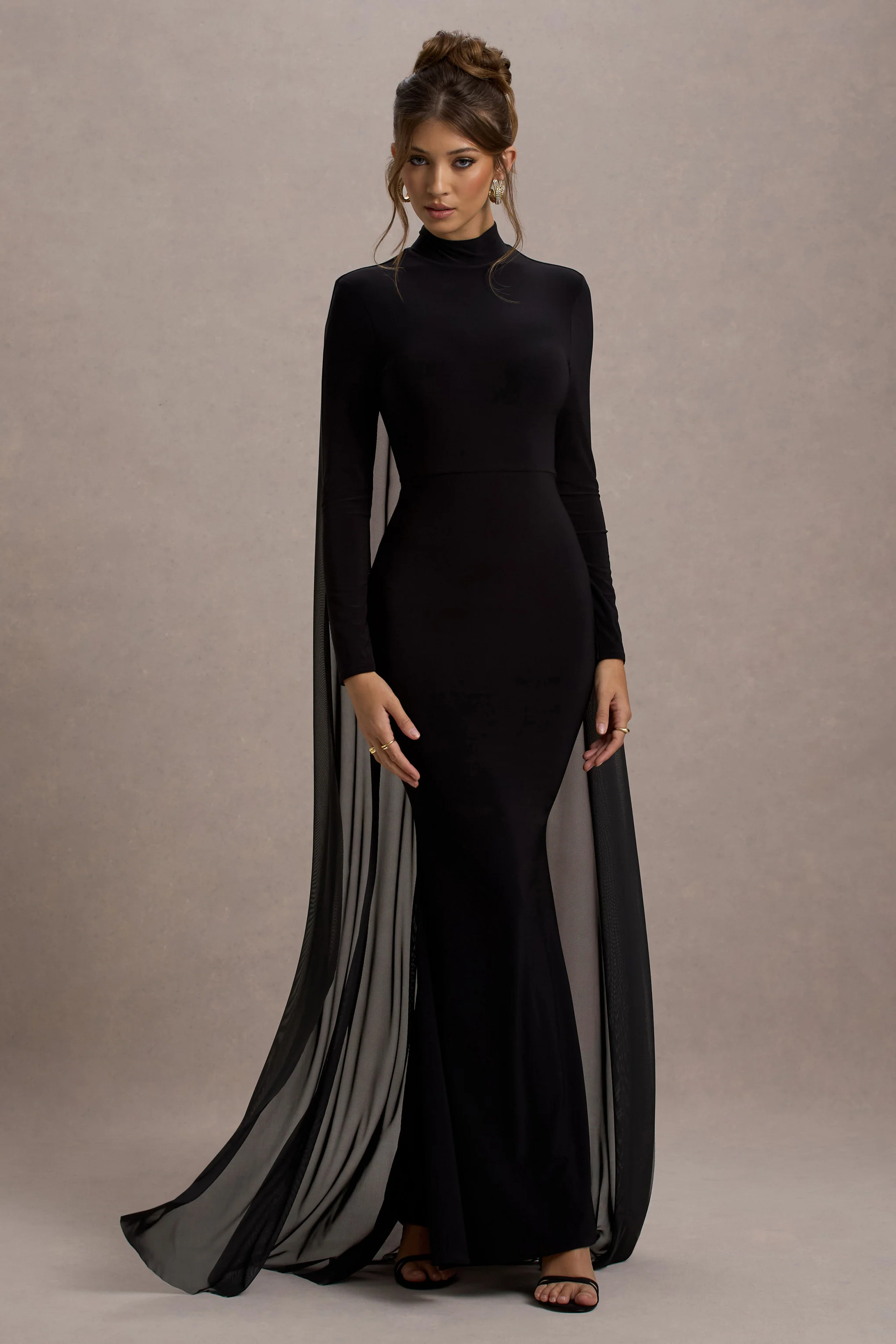 La Nuit | Black High-Neck Long-Sleeve Maxi Dress With Cape - Image 5