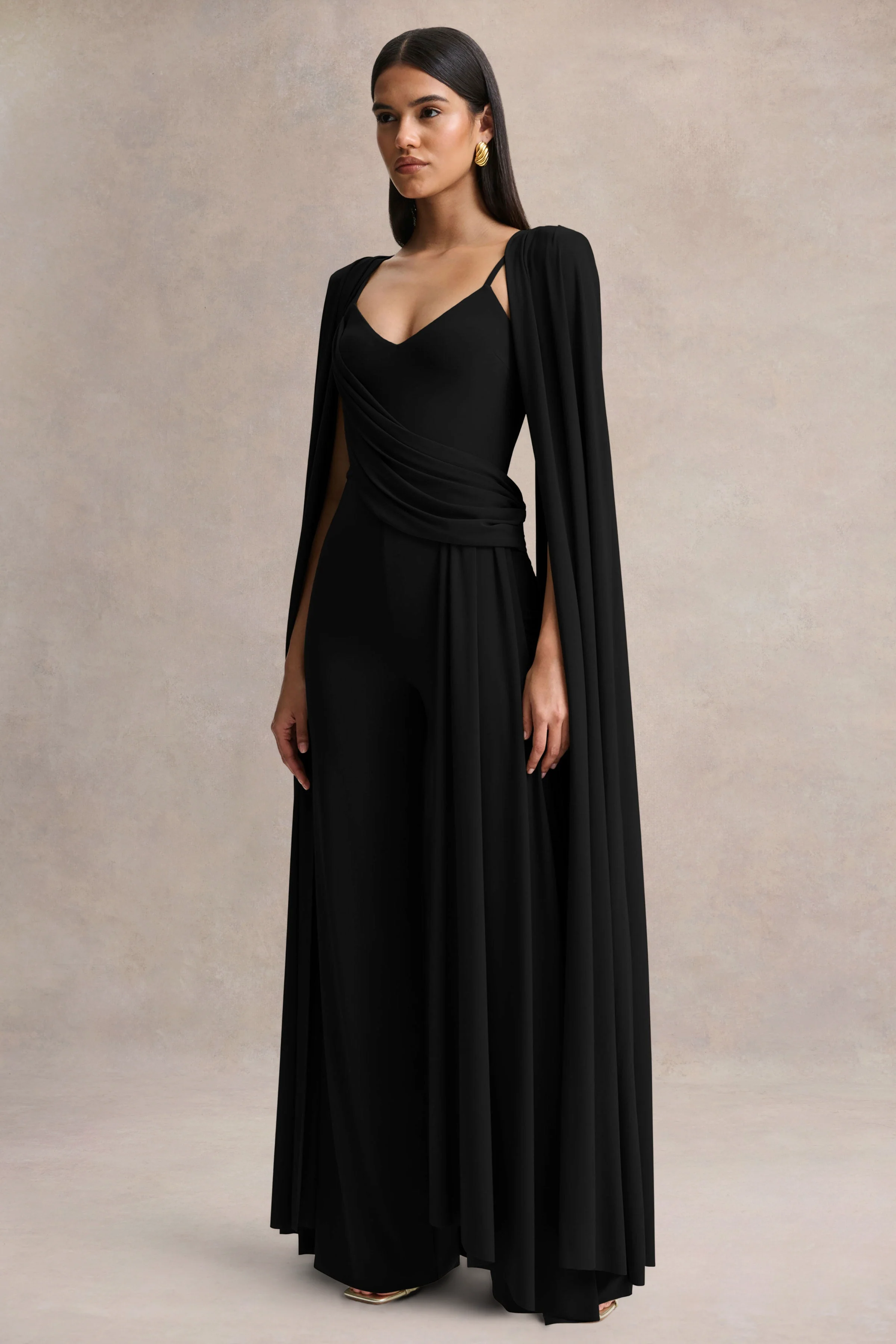 Labina | Black Plunge-Neck Jumpsuit With Cape-Sleeves - Image 5
