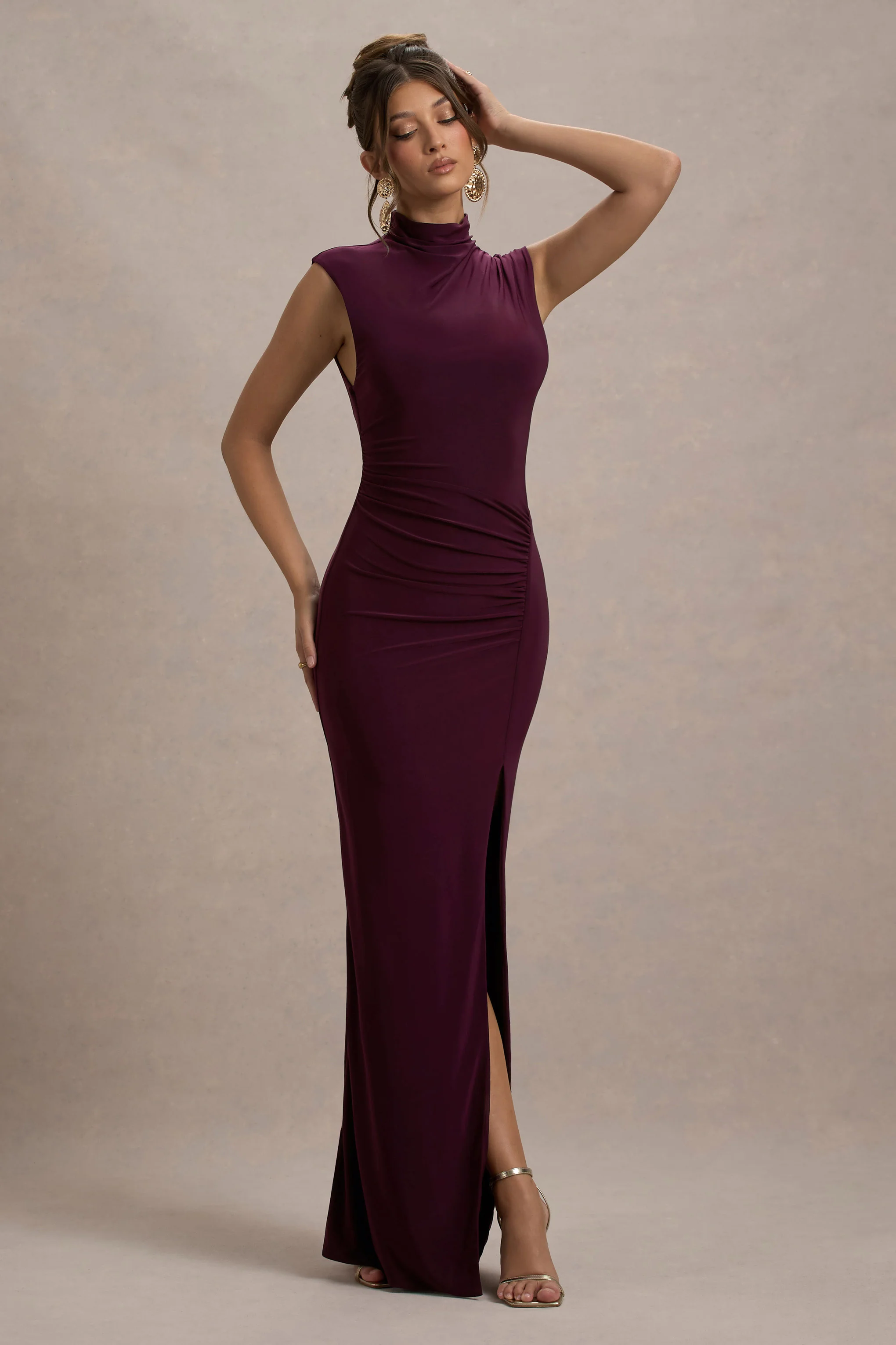 Lanetta | Plum Ruched High-Neck Maxi Dress With Split - Image 4