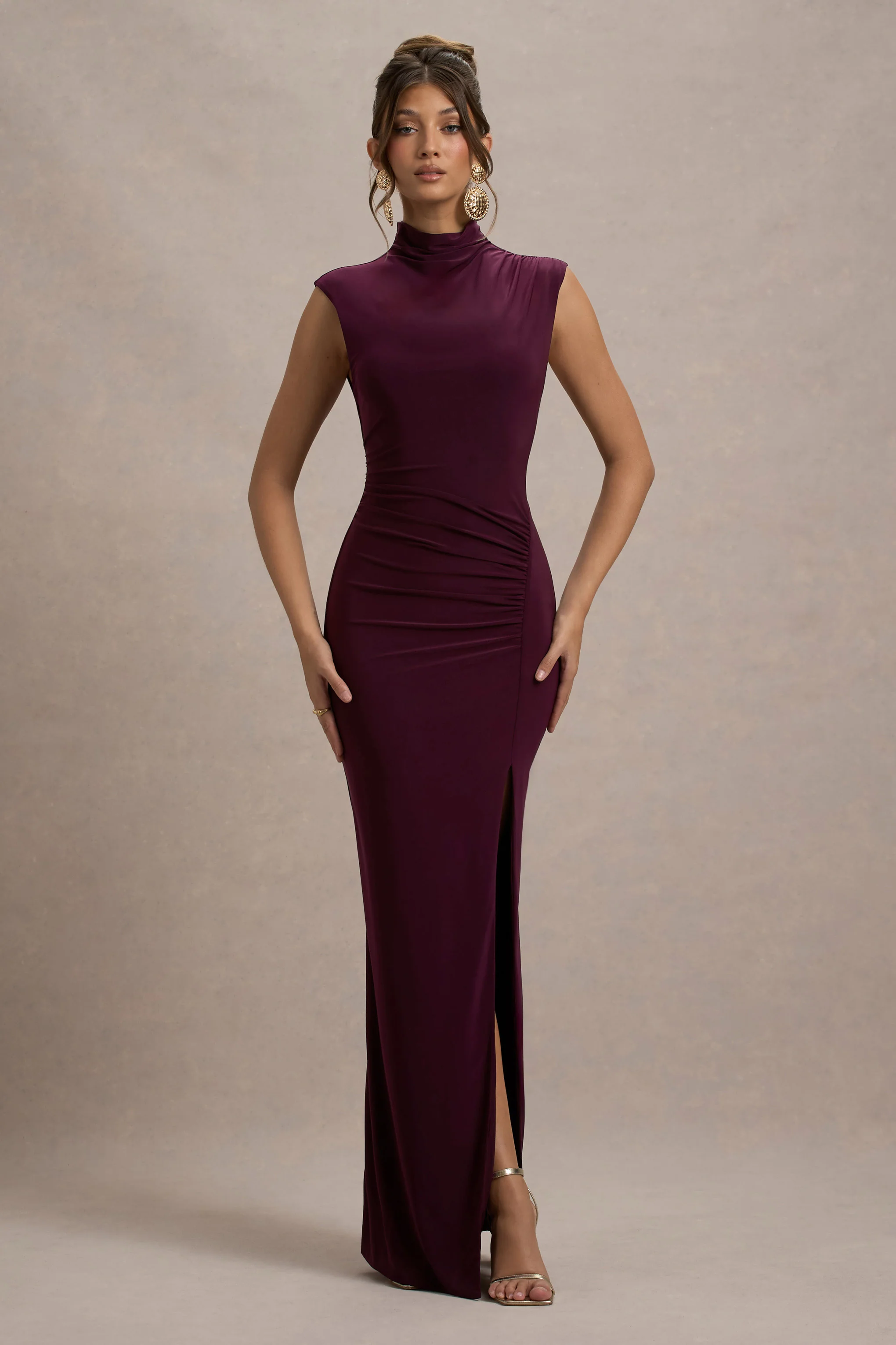 Lanetta | Plum Ruched High-Neck Maxi Dress With Split - Image 5
