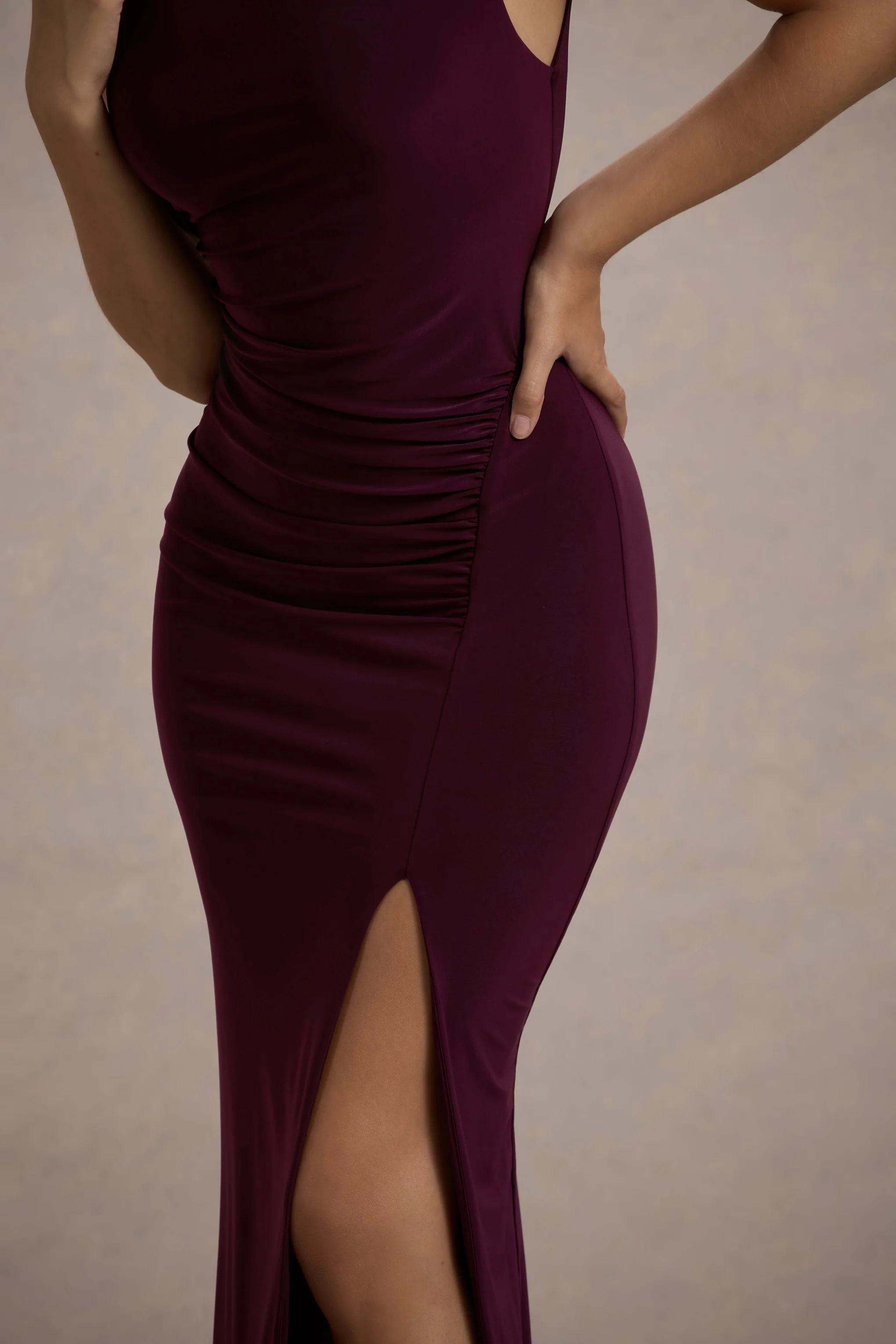 Lanetta | Plum Ruched High-Neck Maxi Dress With Split - Image 7