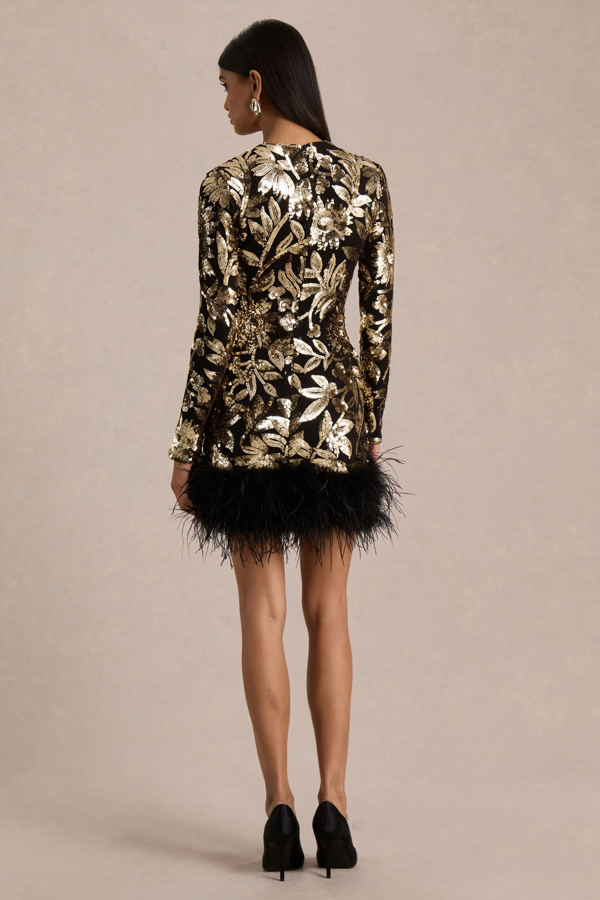 Lara | Black Velvet And Gold Embellished Sequin High-Neck Mini Dress With Feather Trim - Image 2