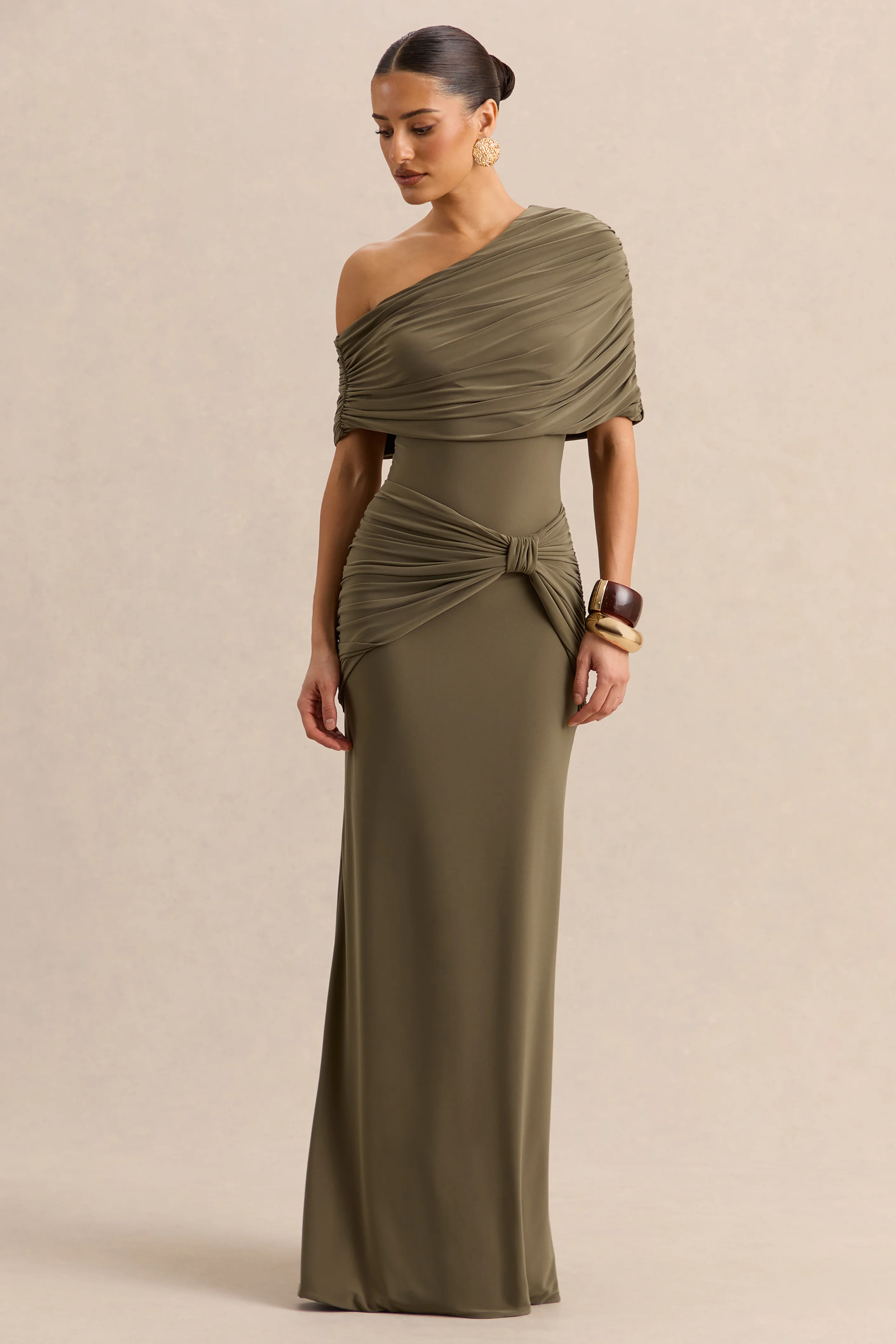 Larelle | Khaki Asymmetric-Neck Bodysuit With Ruched-Detailing - Image 5