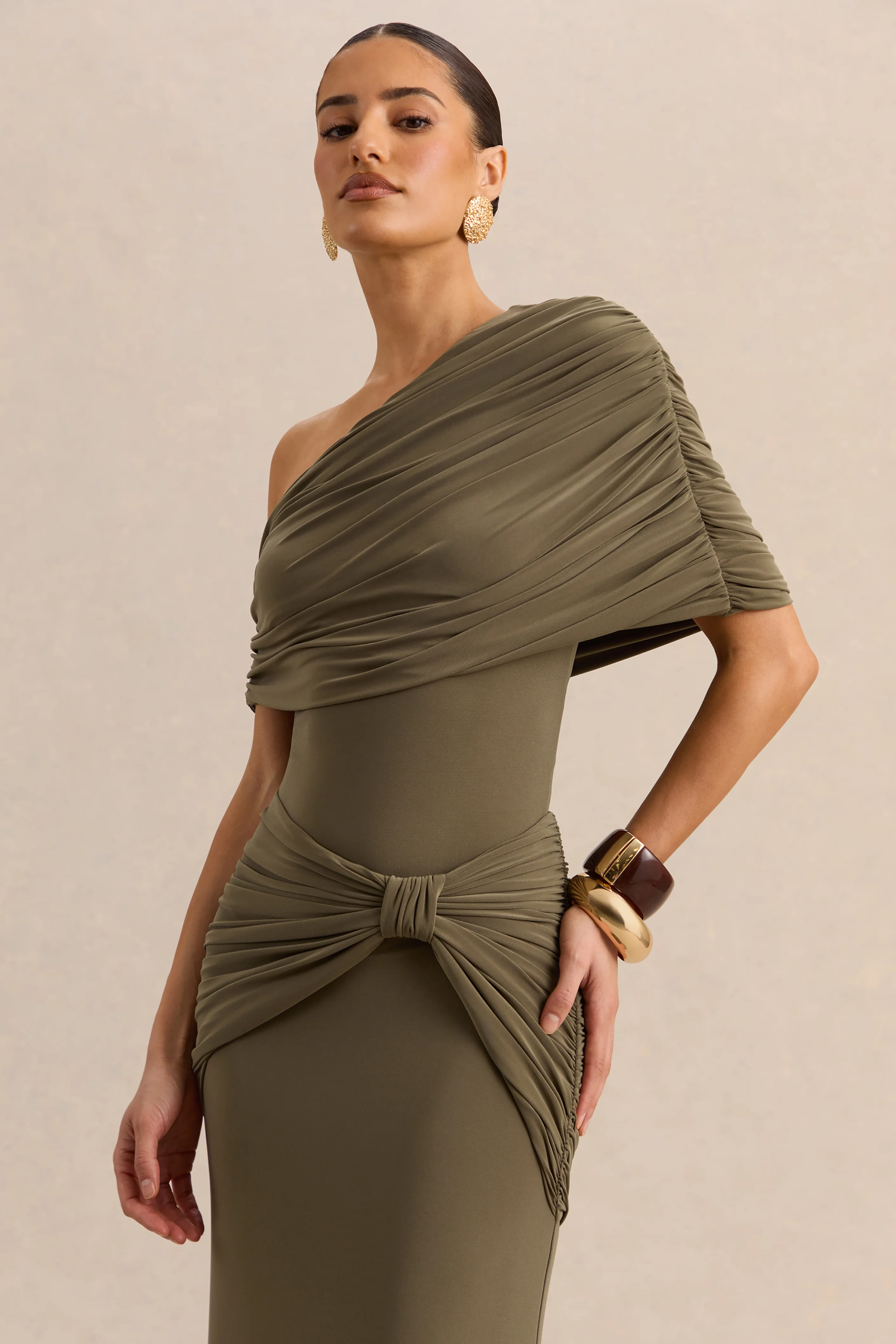 Larelle | Khaki Asymmetric-Neck Bodysuit With Ruched-Detailing - Image 6