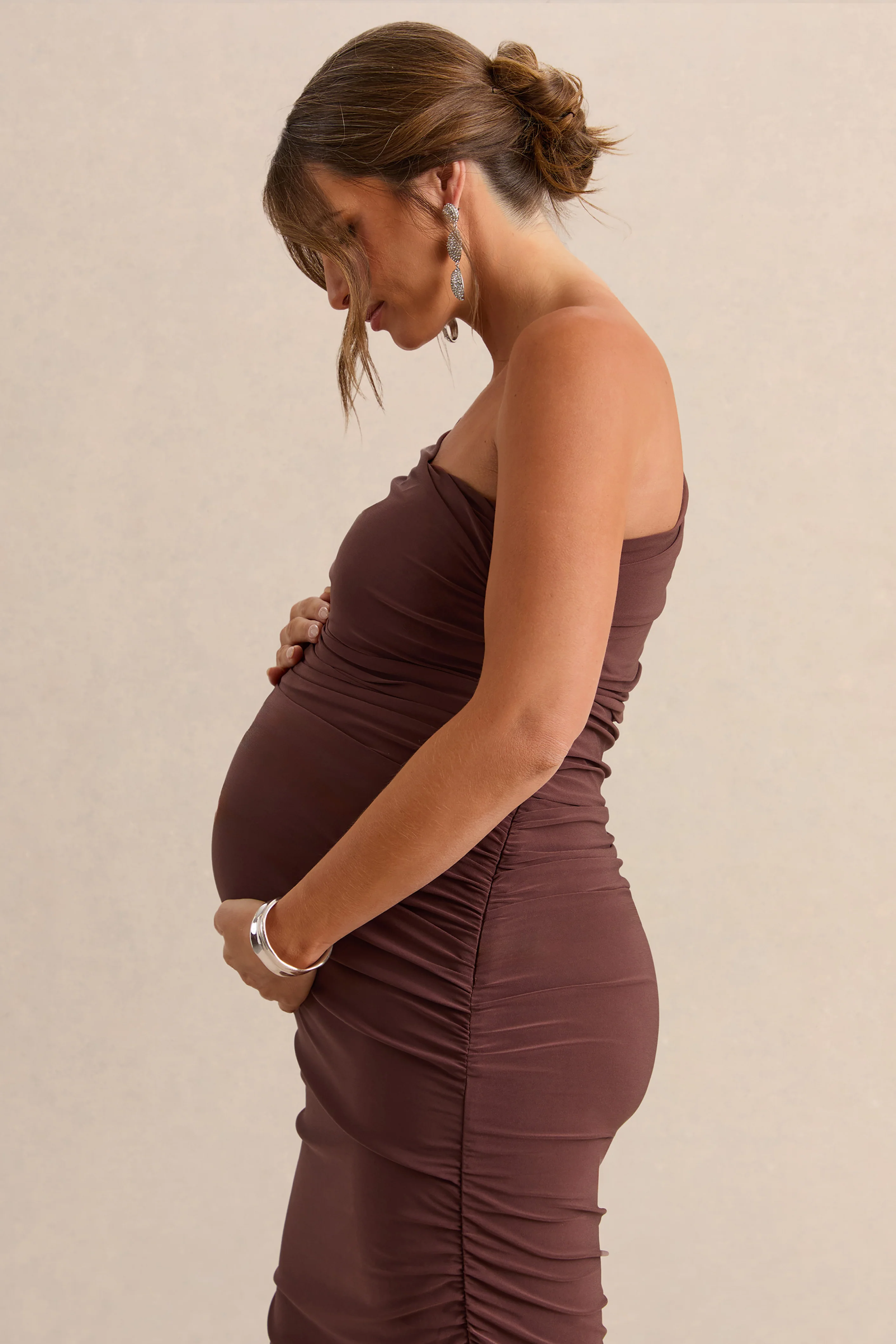 Late Night | Brown Maternity Ruched One Shoulder Midi Dress - Image 3