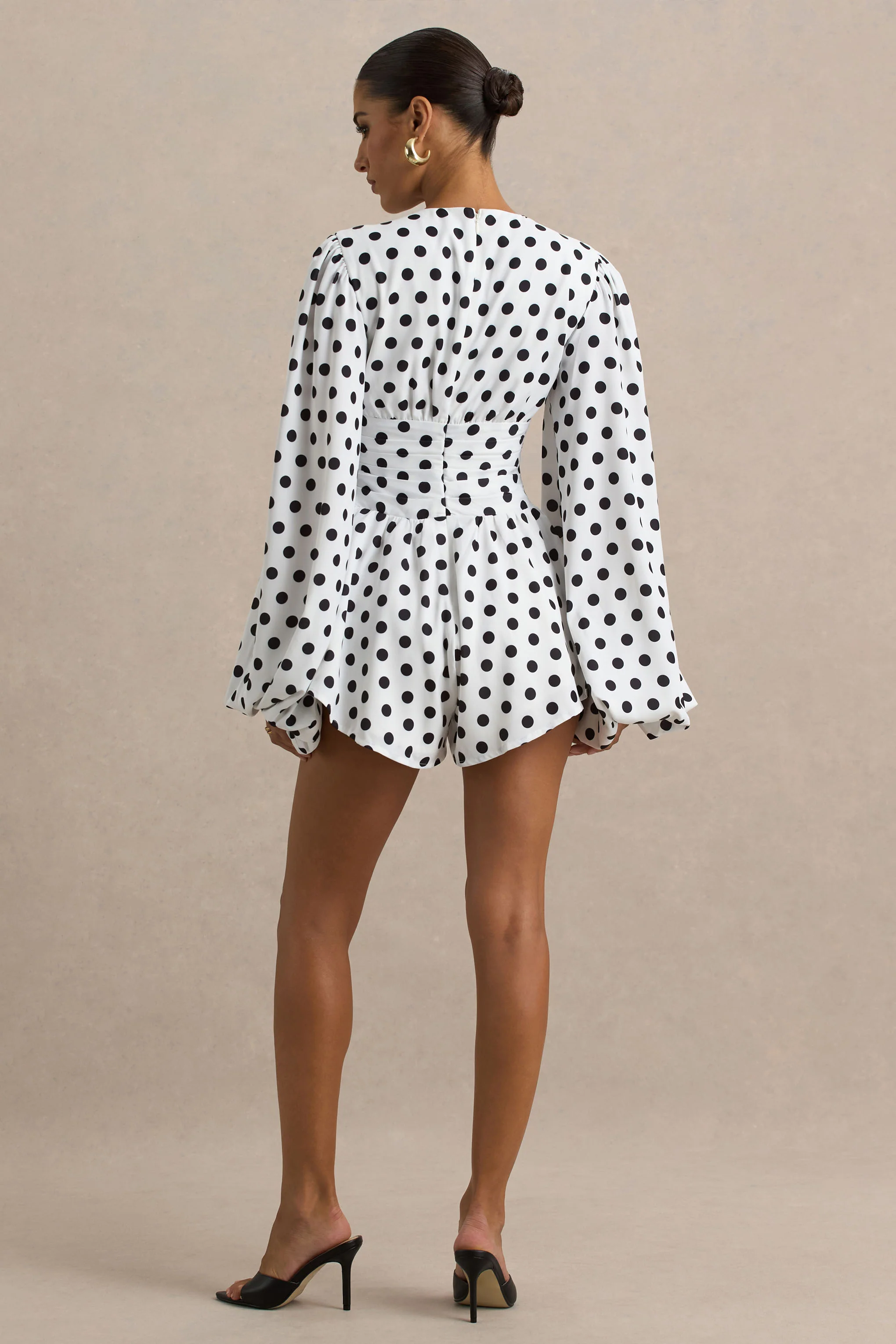 Laurel | White Polka Dot V-Neck Balloon Sleeve Playsuit - Image 10