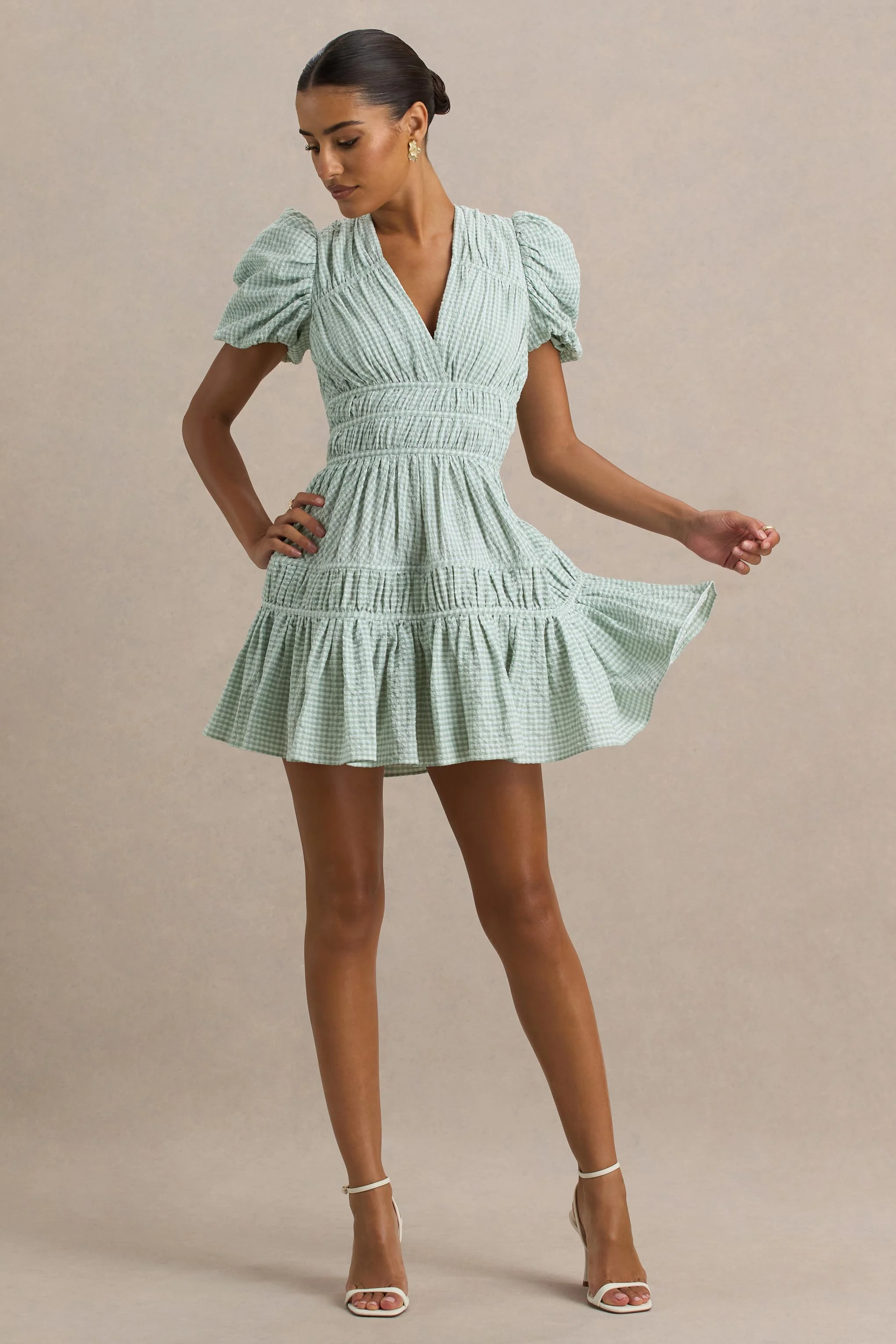 Laurelle | Green Extreme Plunge-Neck Mini Dress With Ruffled Detailing - Image 3