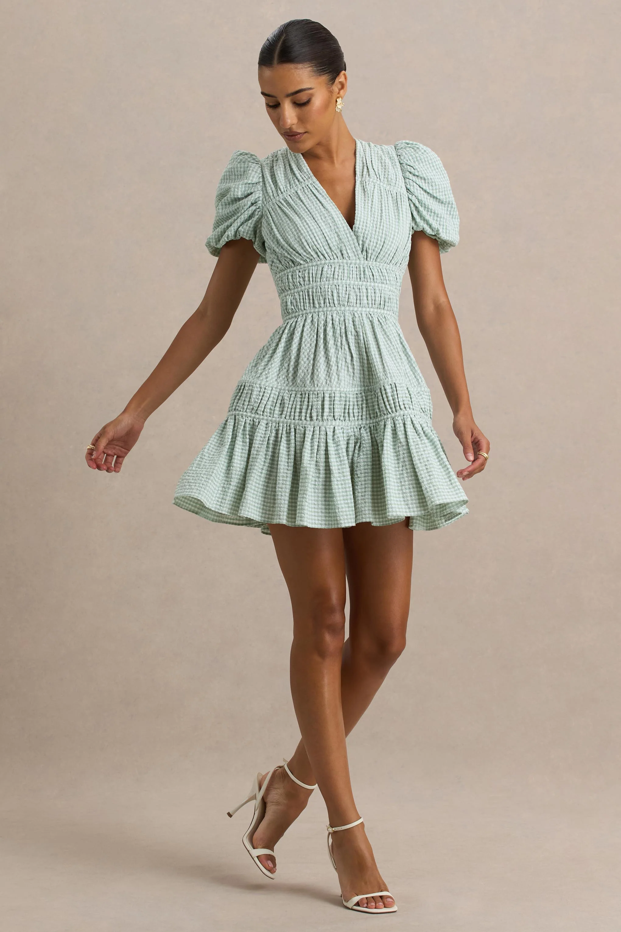 Laurelle | Green Extreme Plunge-Neck Mini Dress With Ruffled Detailing - Image 4
