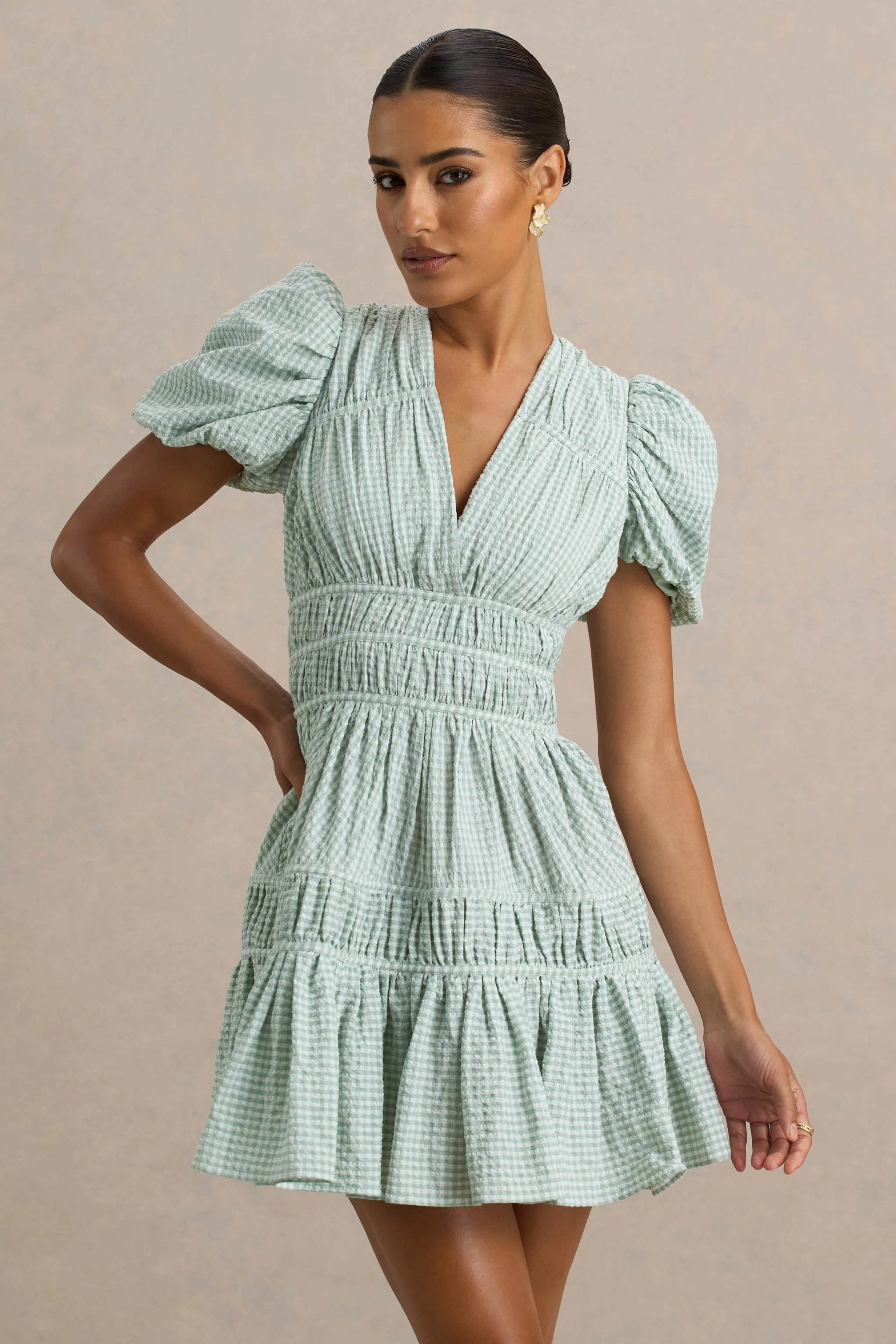 Laurelle | Green Extreme Plunge-Neck Mini Dress With Ruffled Detailing - Image 5