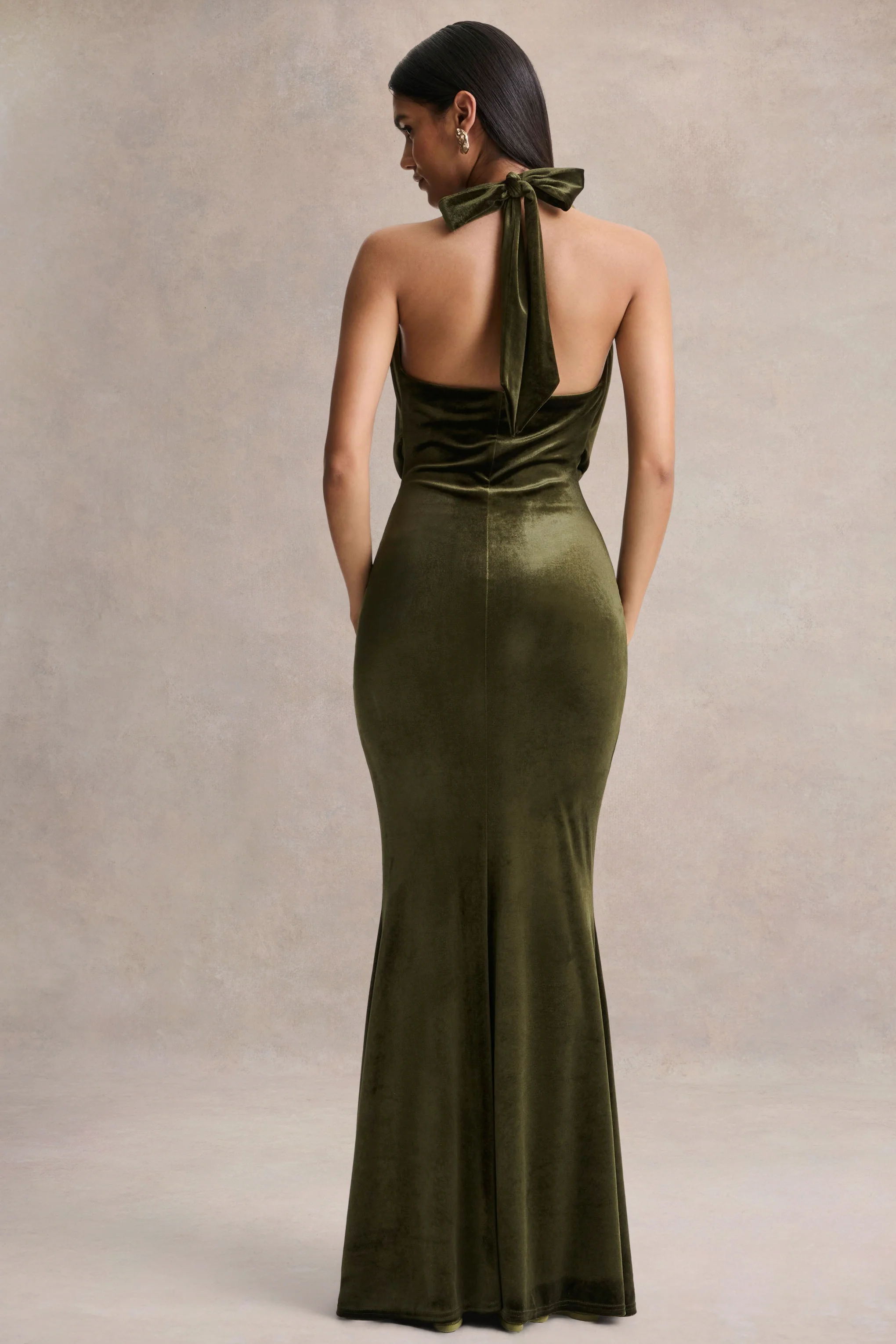 Lavernia | Olive Velvet Halter-Neck Maxi Dress With Gathered-Detailing - Image 2