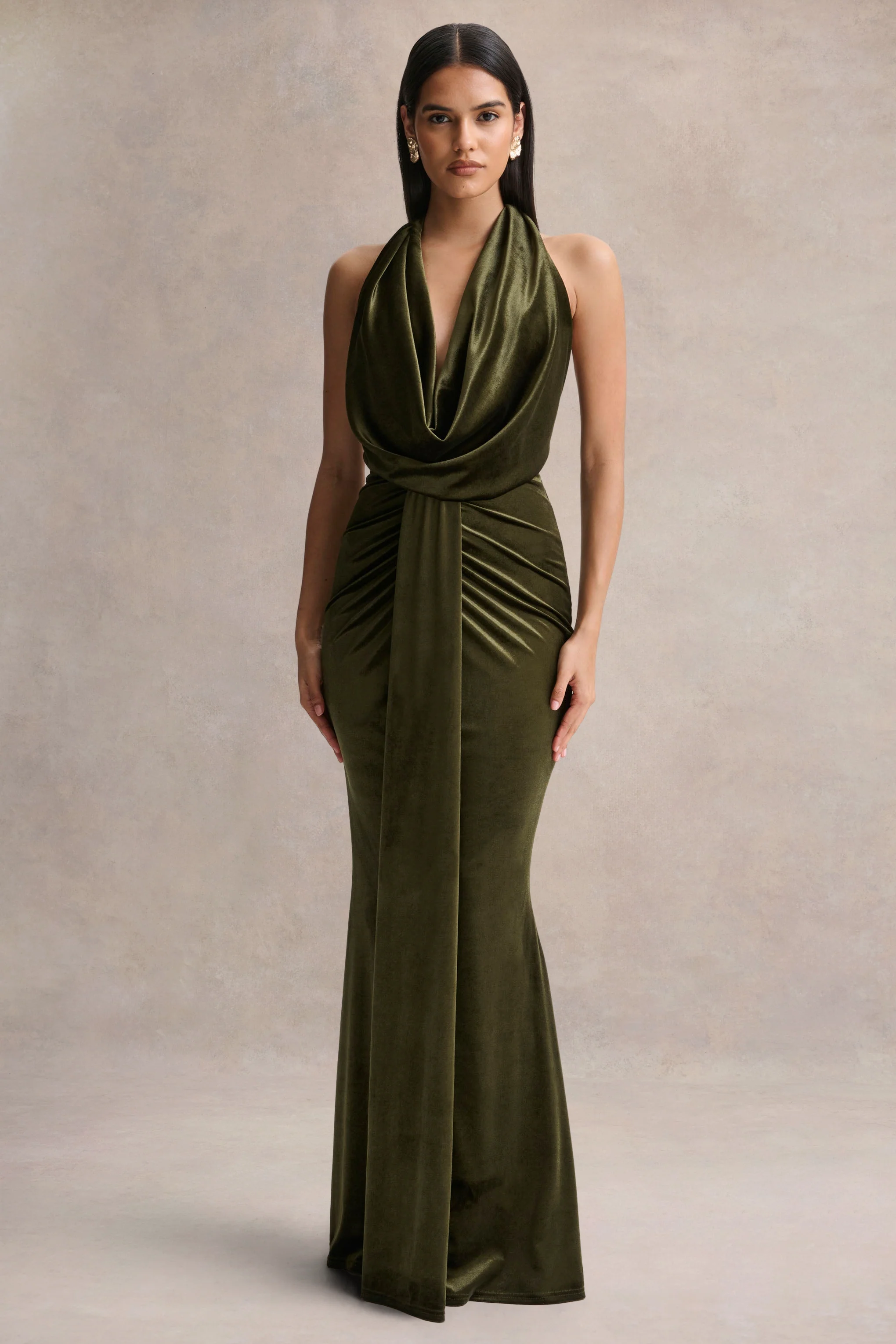 Lavernia | Olive Velvet Halter-Neck Maxi Dress With Gathered-Detailing - Image 5