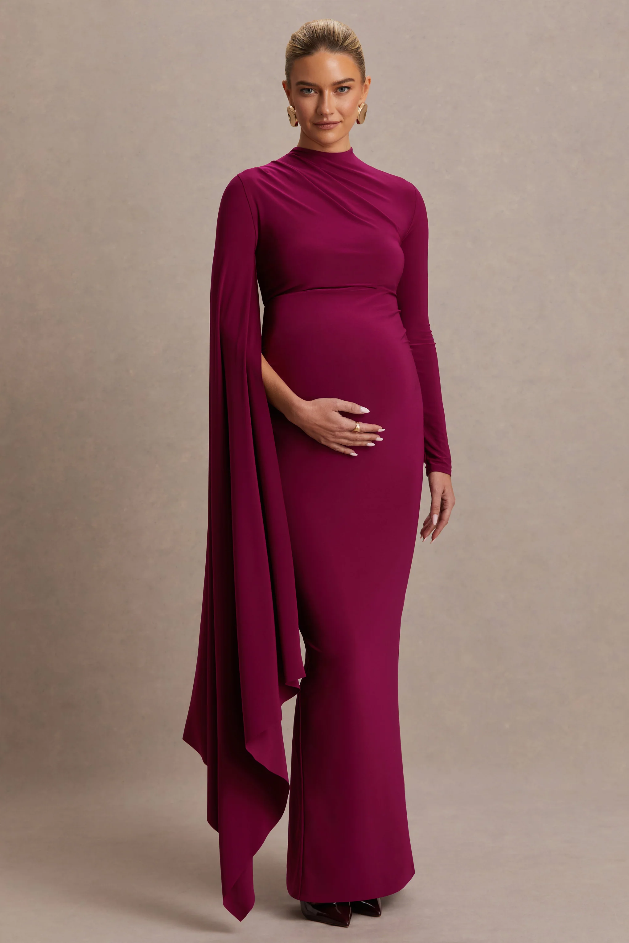 Lavinia | Berry High-Neck Maternity Maxi Dress With Cape-Sleeve - Image 5