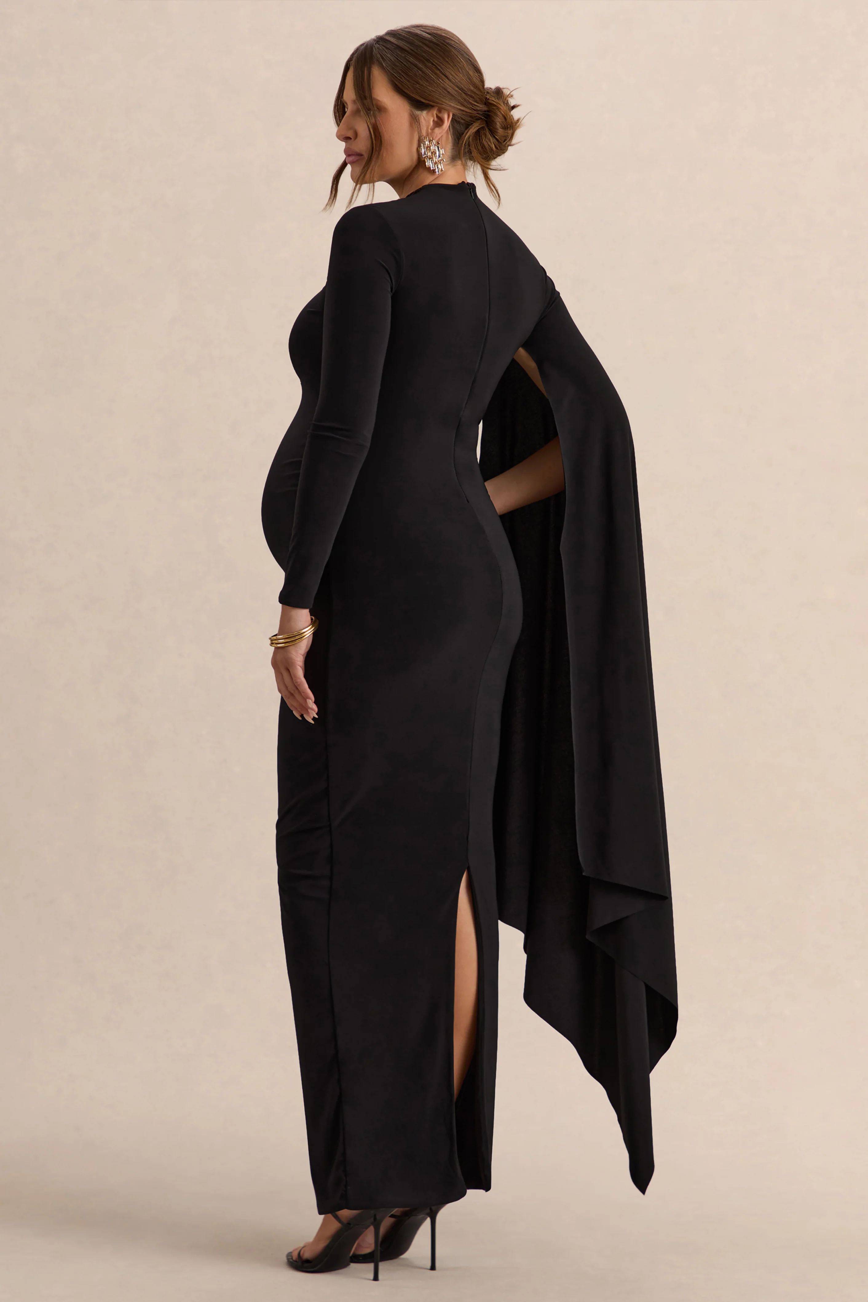 Lavinia | Black High-Neck Maternity Maxi Dress With Cape-Sleeve - Image 2