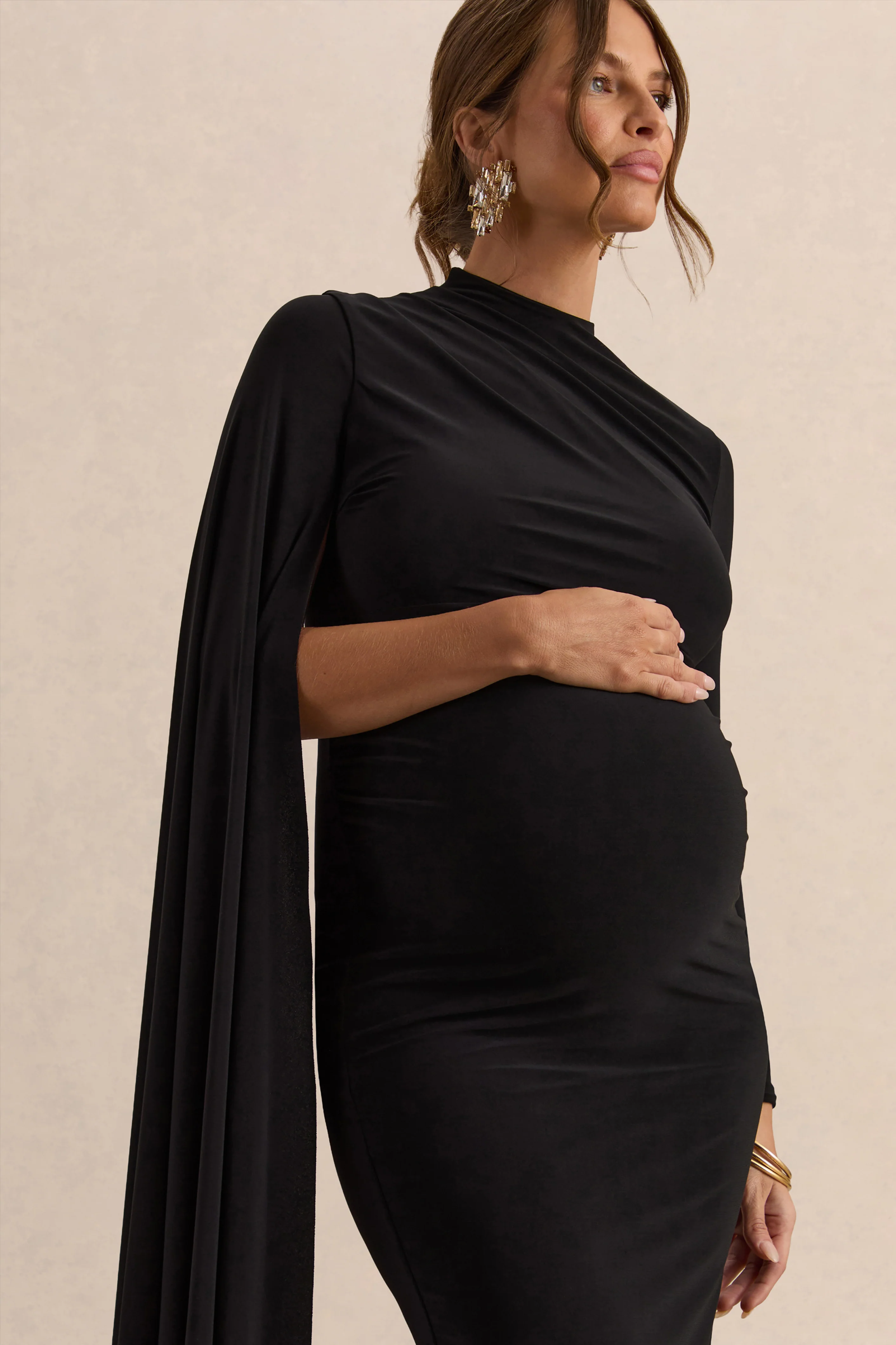 Lavinia | Black High-Neck Maternity Maxi Dress With Cape-Sleeve - Image 3
