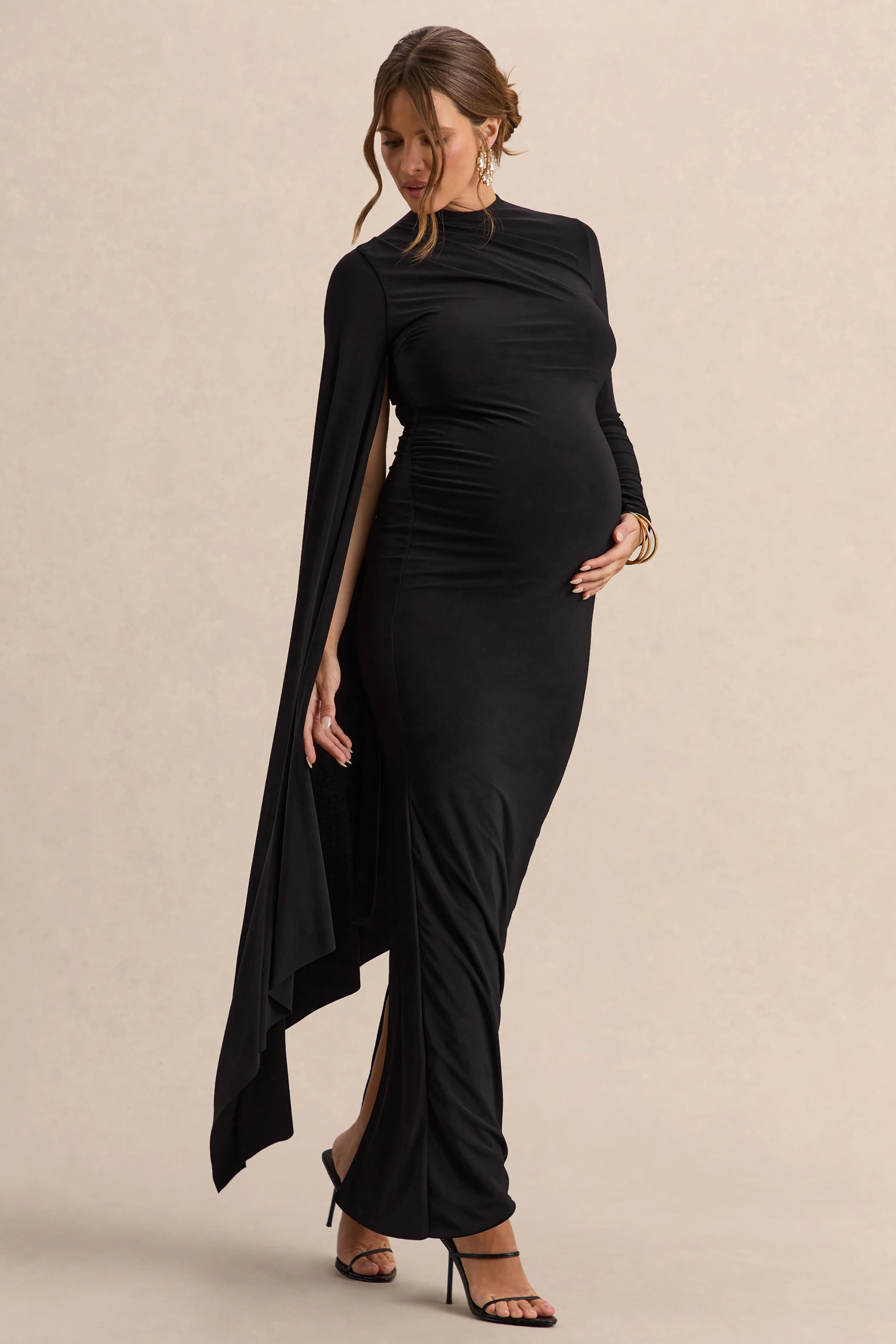 Lavinia | Black High-Neck Maternity Maxi Dress With Cape-Sleeve - Image 4
